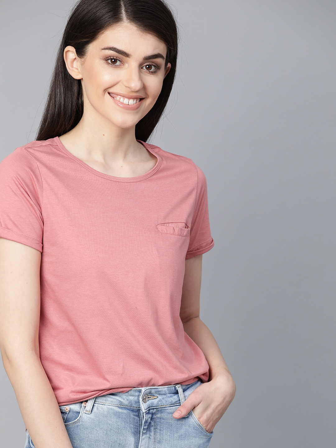 

Mast & Harbour Women Pink Solid Round Neck T-shirt