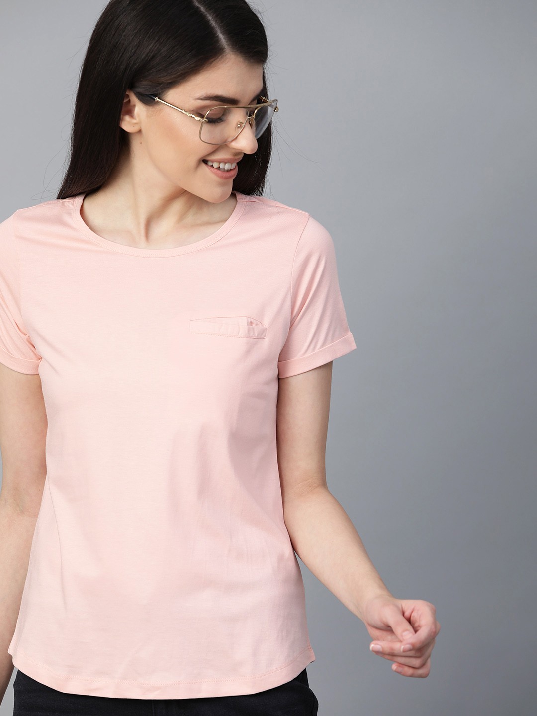 

Mast & Harbour Women Peach-Coloured Solid Round Neck T-shirt