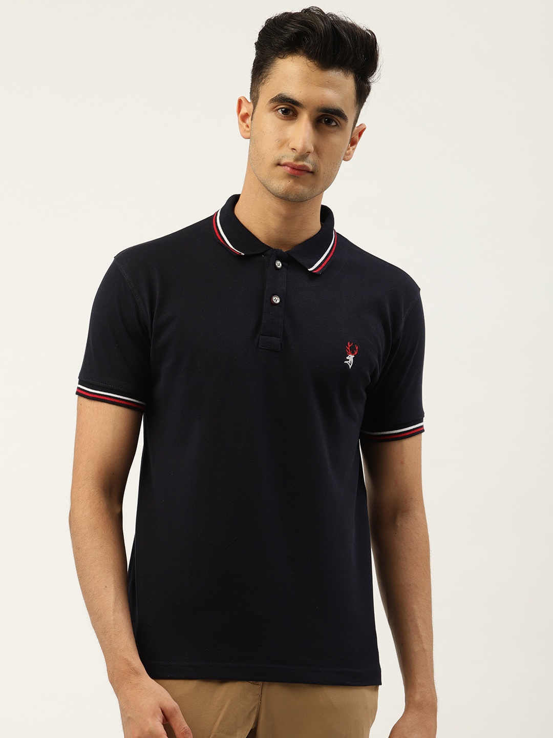 

PORTBLAIR Men Navy Blue Solid Polo Collar T-shirt