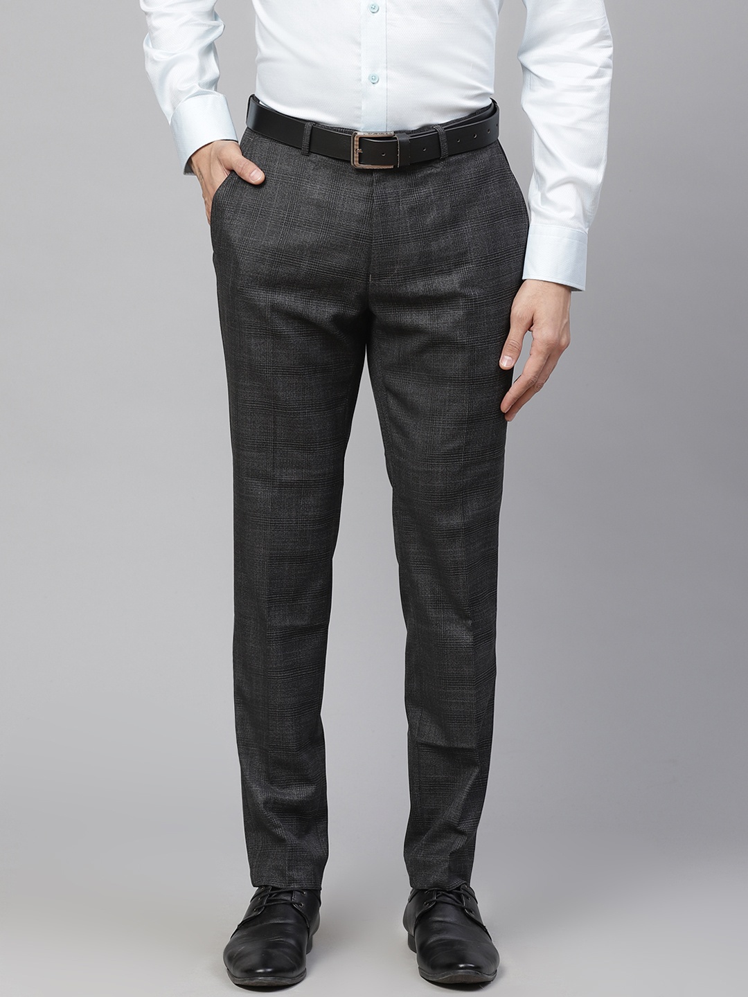

Marks & Spencer Men Charcoal Grey Skinny Fit Checked Formal Trousers