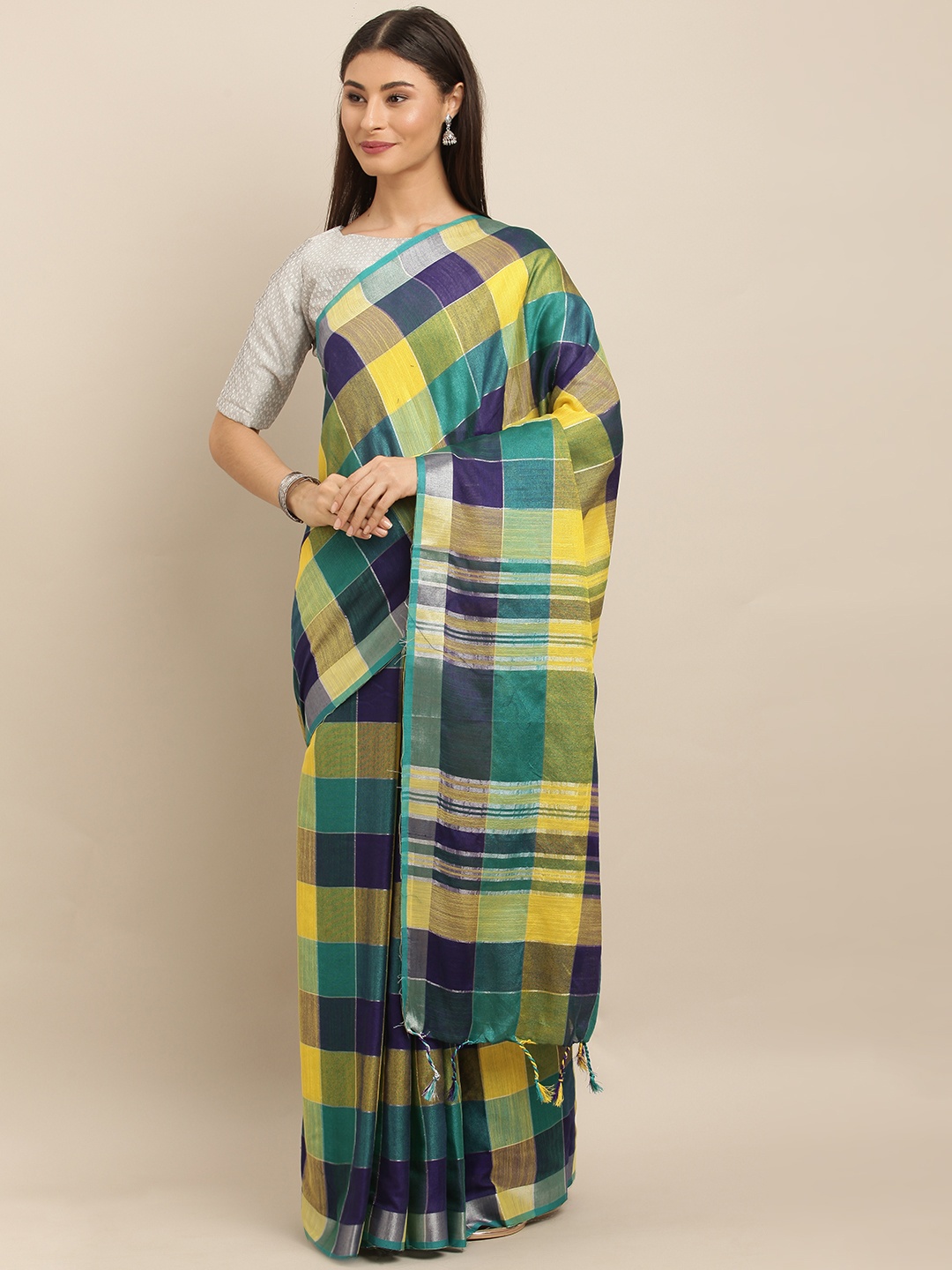 

VASTRANAND Yellow & Navy Blue Linen Blend Checked Saree