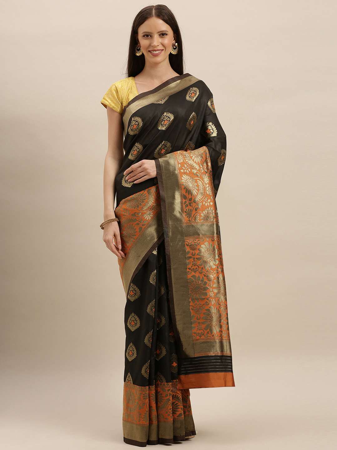 

VASTRANAND Black & Orange Silk Blend Woven Design Banarasi Saree