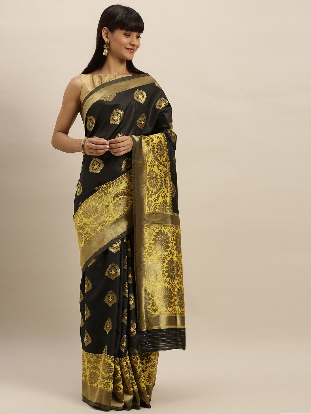 

VASTRANAND Black & Yellow Silk Blend Embroidered Banarasi Saree