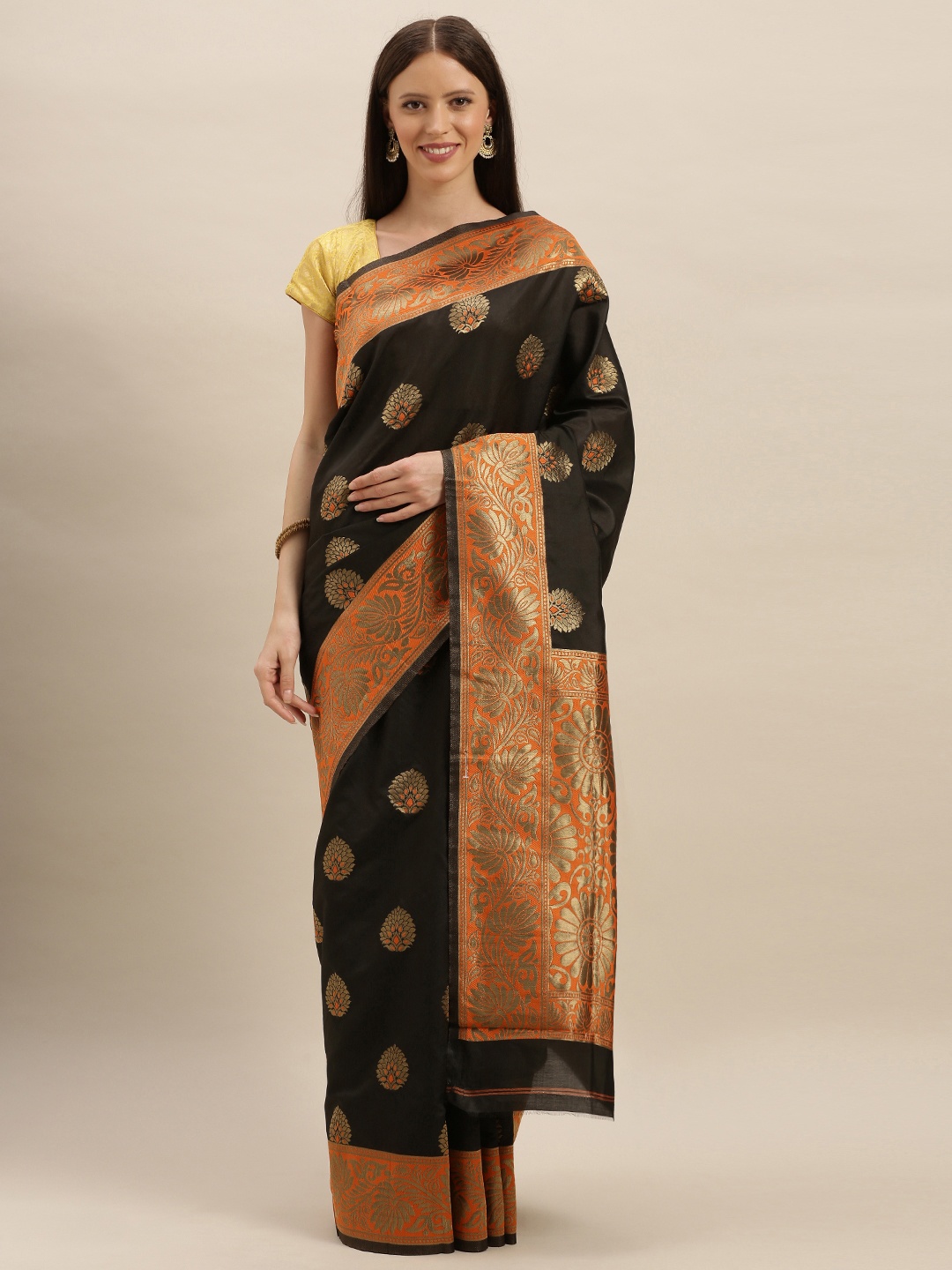 

VASTRANAND Black & Orange Silk Blend Woven Design Banarasi Saree