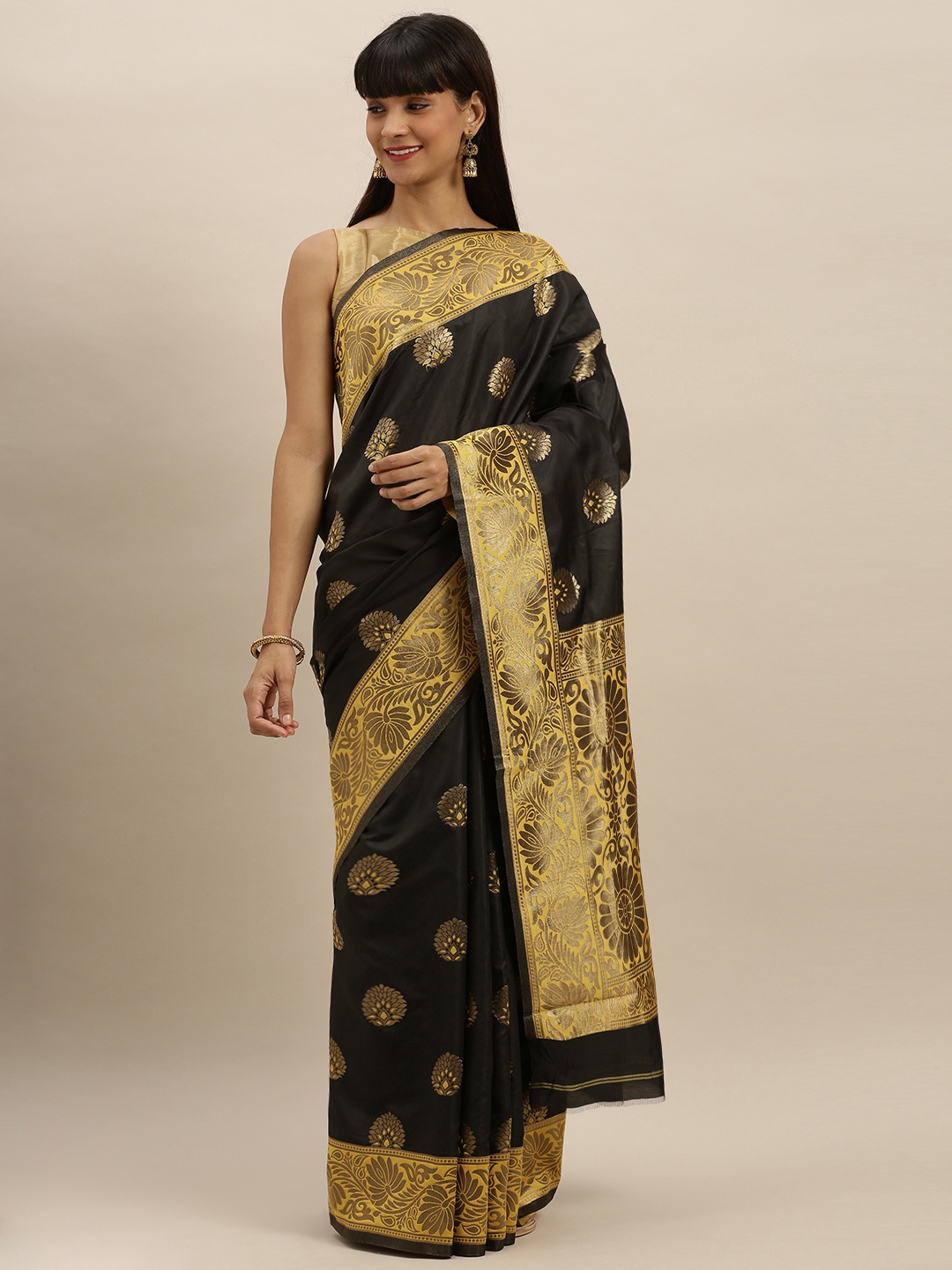

VASTRANAND Black & Yellow Silk Blend Embroidered Banarasi Saree