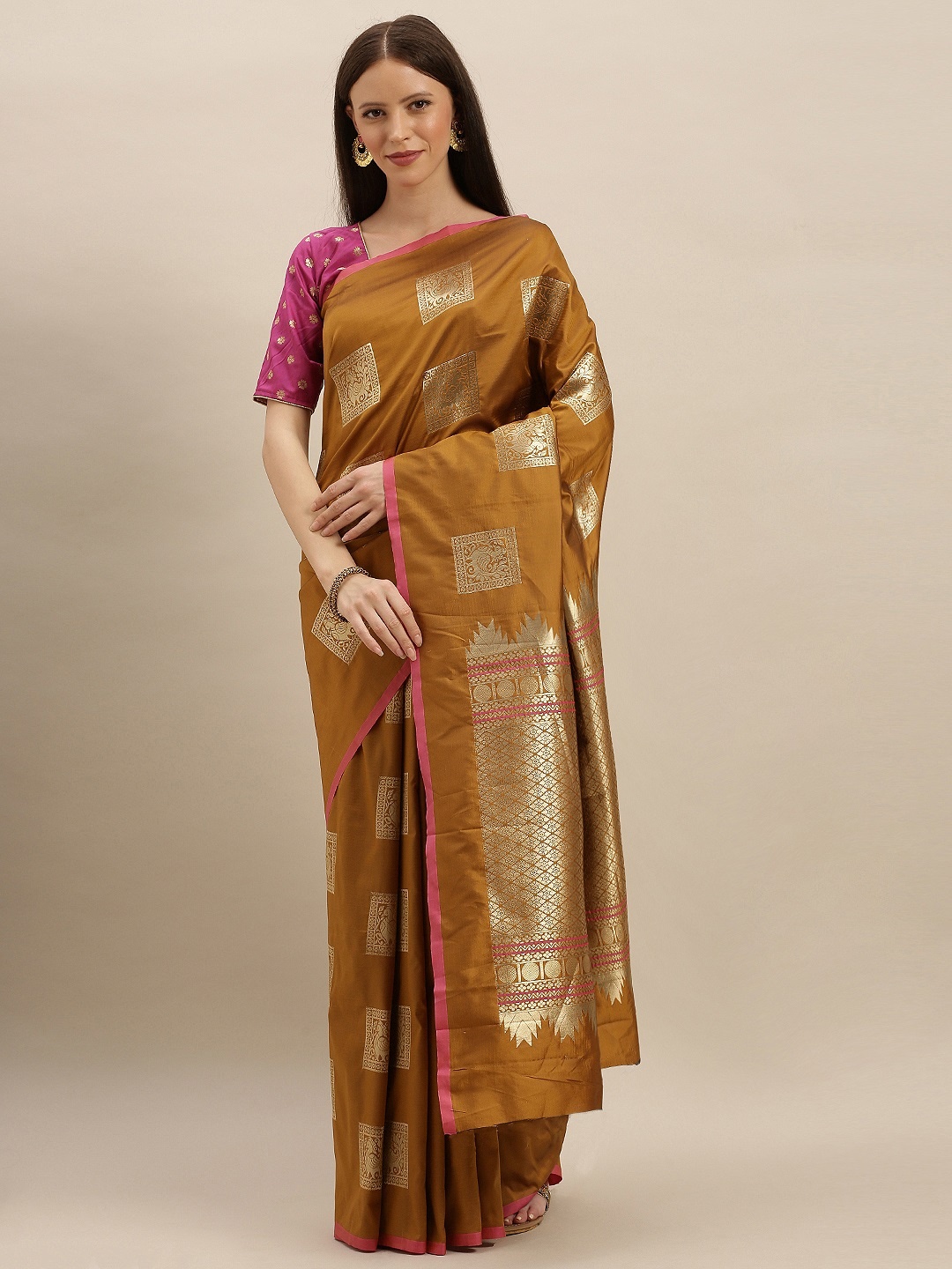 

VASTRANAND Mustard Yellow & Gold-Toned Silk Blend Woven Design Kanjeevaram Saree