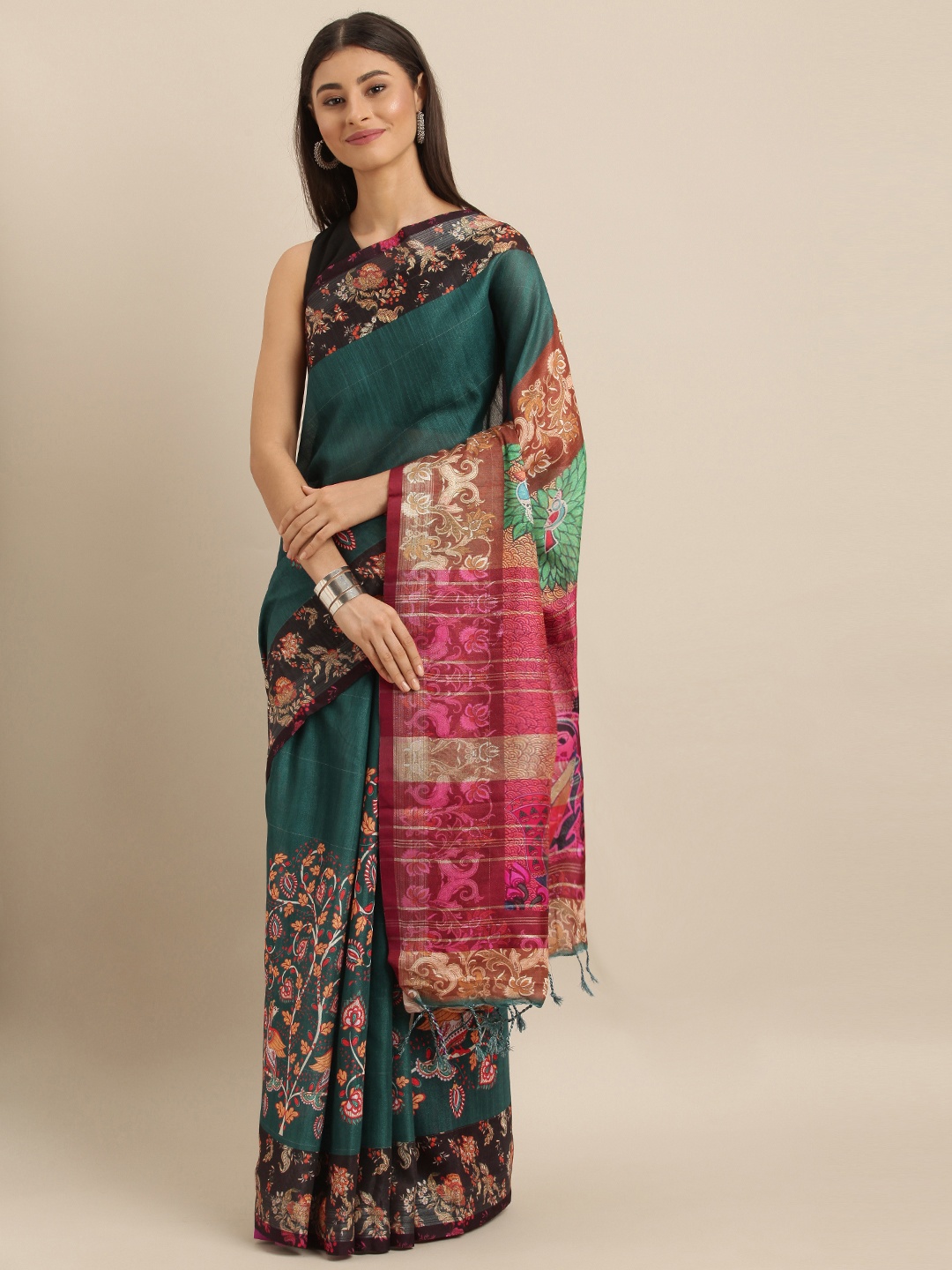 

VASTRANAND Green & Pink Linen Blend Digital kalamkari Printed Saree