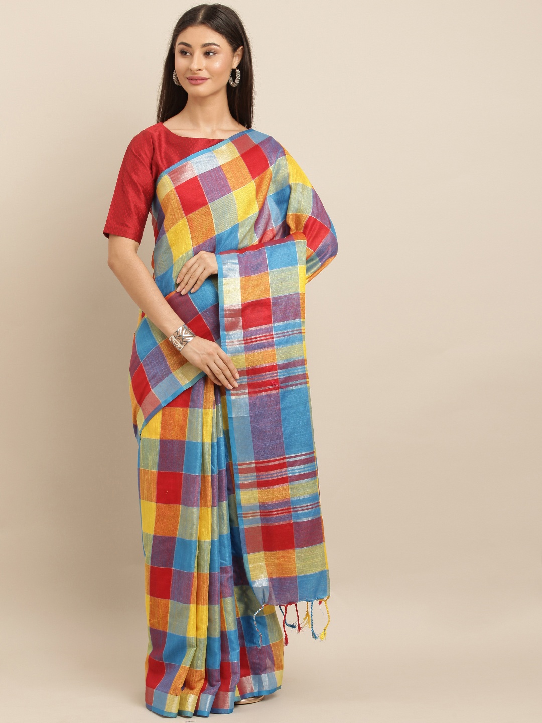 

VASTRANAND Turquoise Blue & Yellow Linen Blend Checked Saree