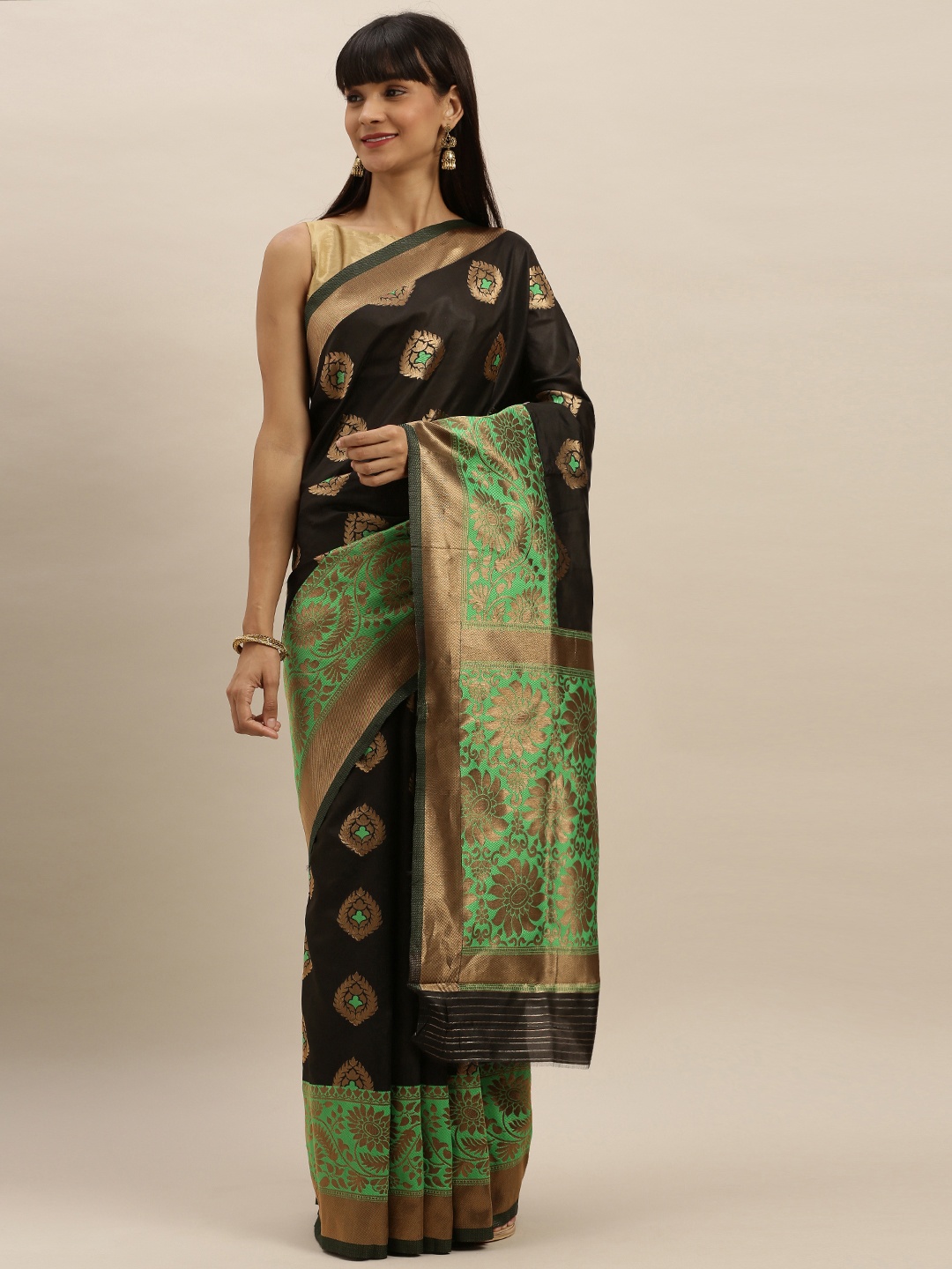 

VASTRANAND Black & Green Silk Blend Embroidered Banarasi Saree