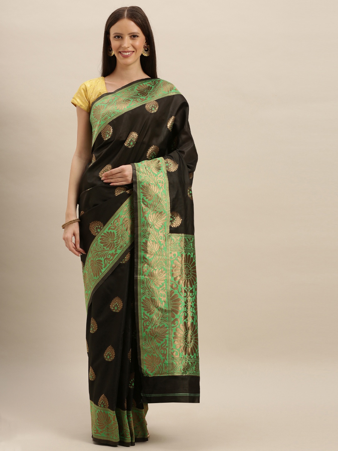 

VASTRANAND Black & Gold-Toned Silk Blend Woven Design Banarasi Saree