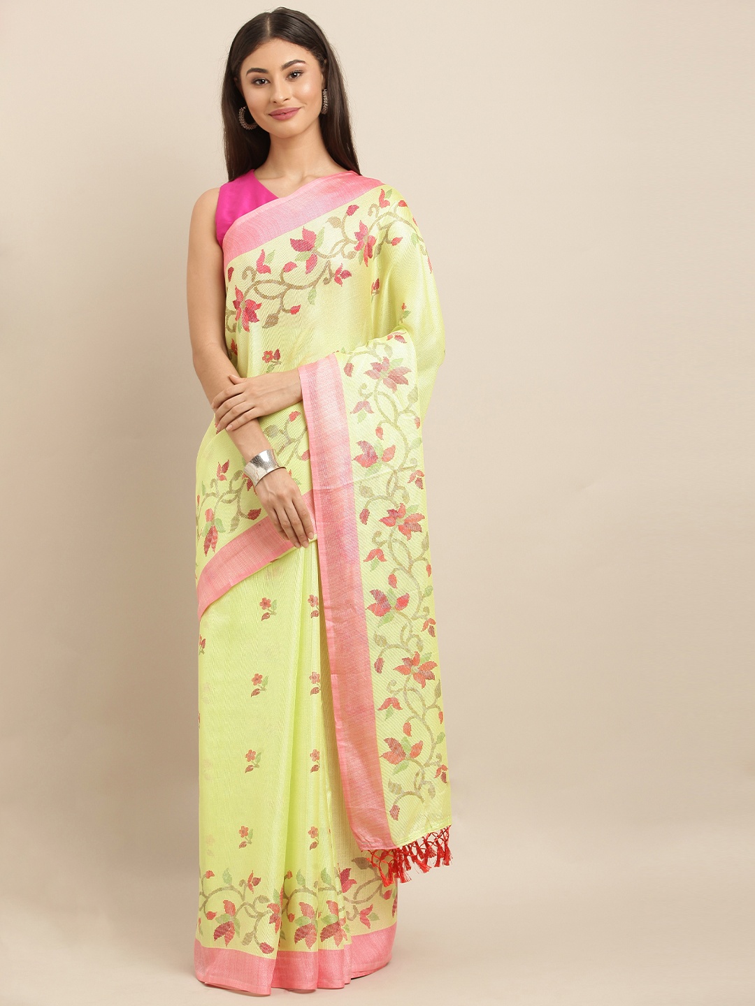 

VASTRANAND Lime Green & Pink Jute Silk Printed Jamdani Saree