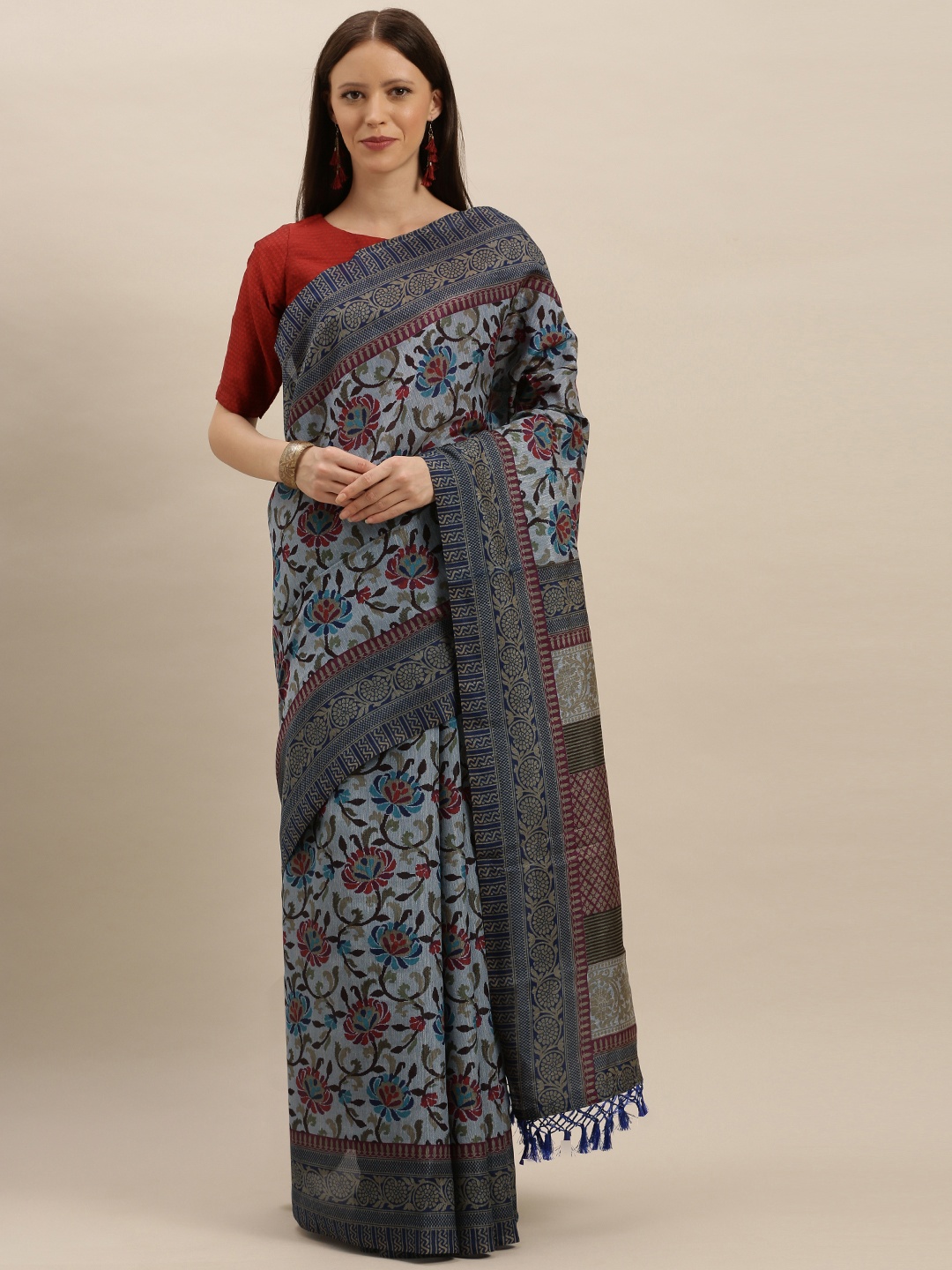 

VASTRANAND Blue & Maroon Silk Blend Printed Saree