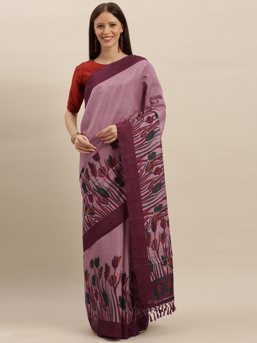 

VASTRANAND Pink & Burgundy Silk Blend Printed Saree