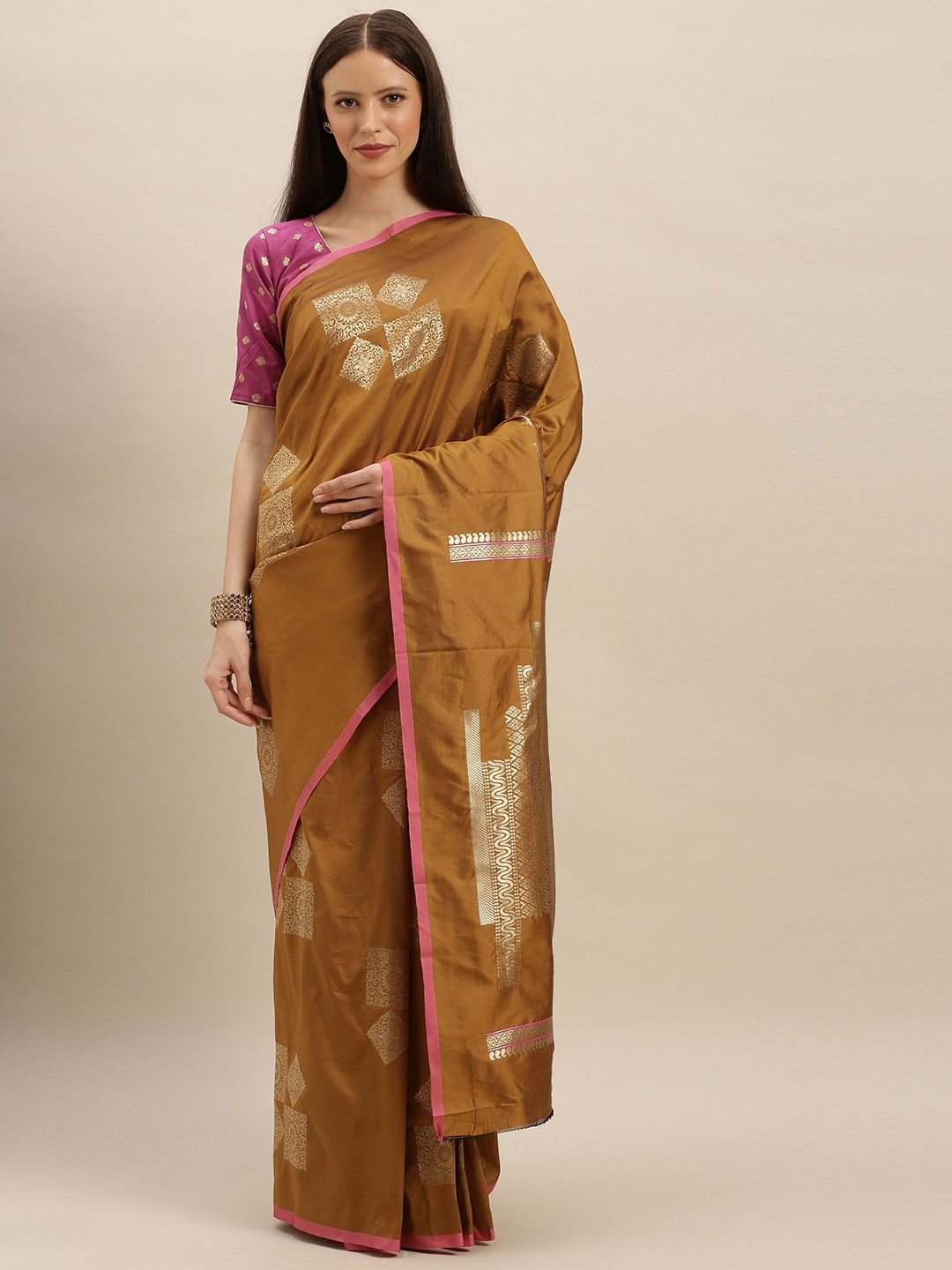 

VASTRANAND Mustard Yellow & Gold-Toned Silk Blend Woven Design Kanjeevaram Saree