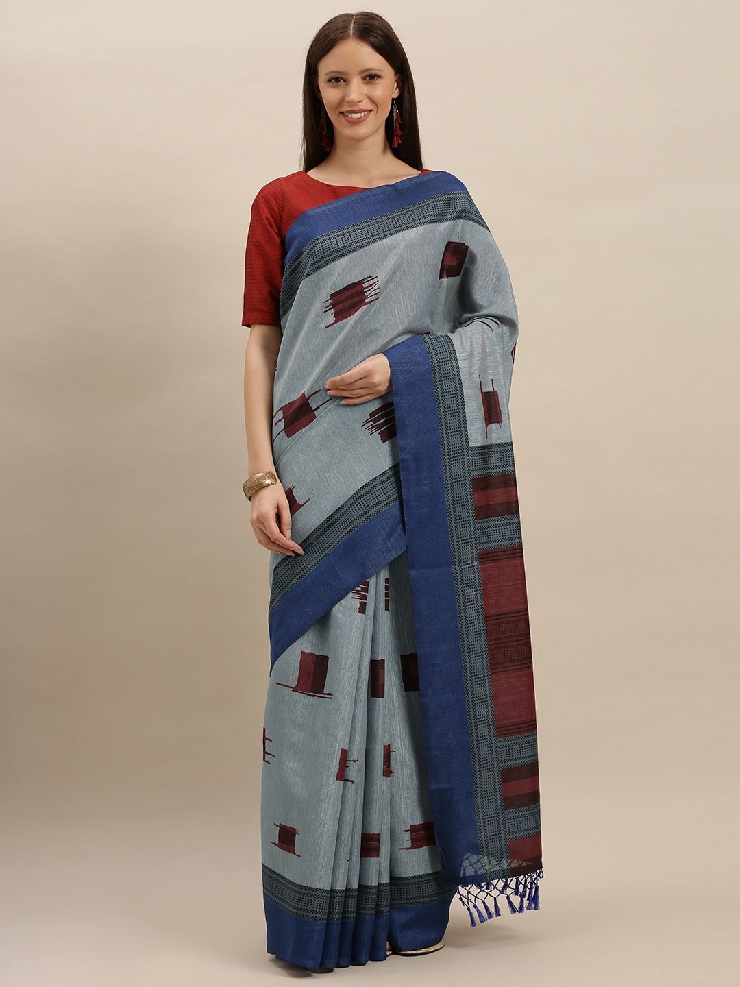 

VASTRANAND Blue & Maroon Silk Blend Printed Saree