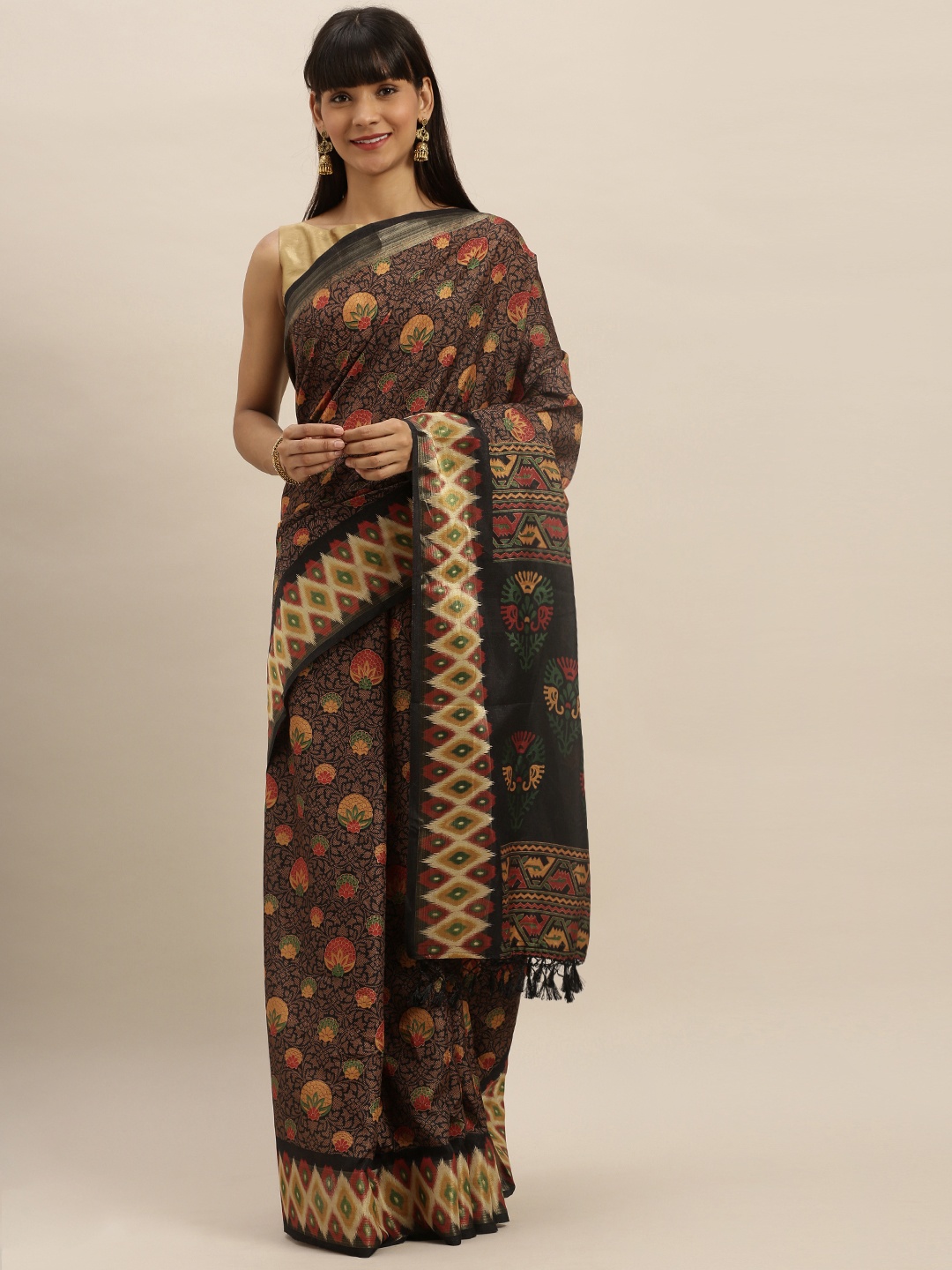 

VASTRANAND Brown & Black Linen Blend Printed Pochampally Saree