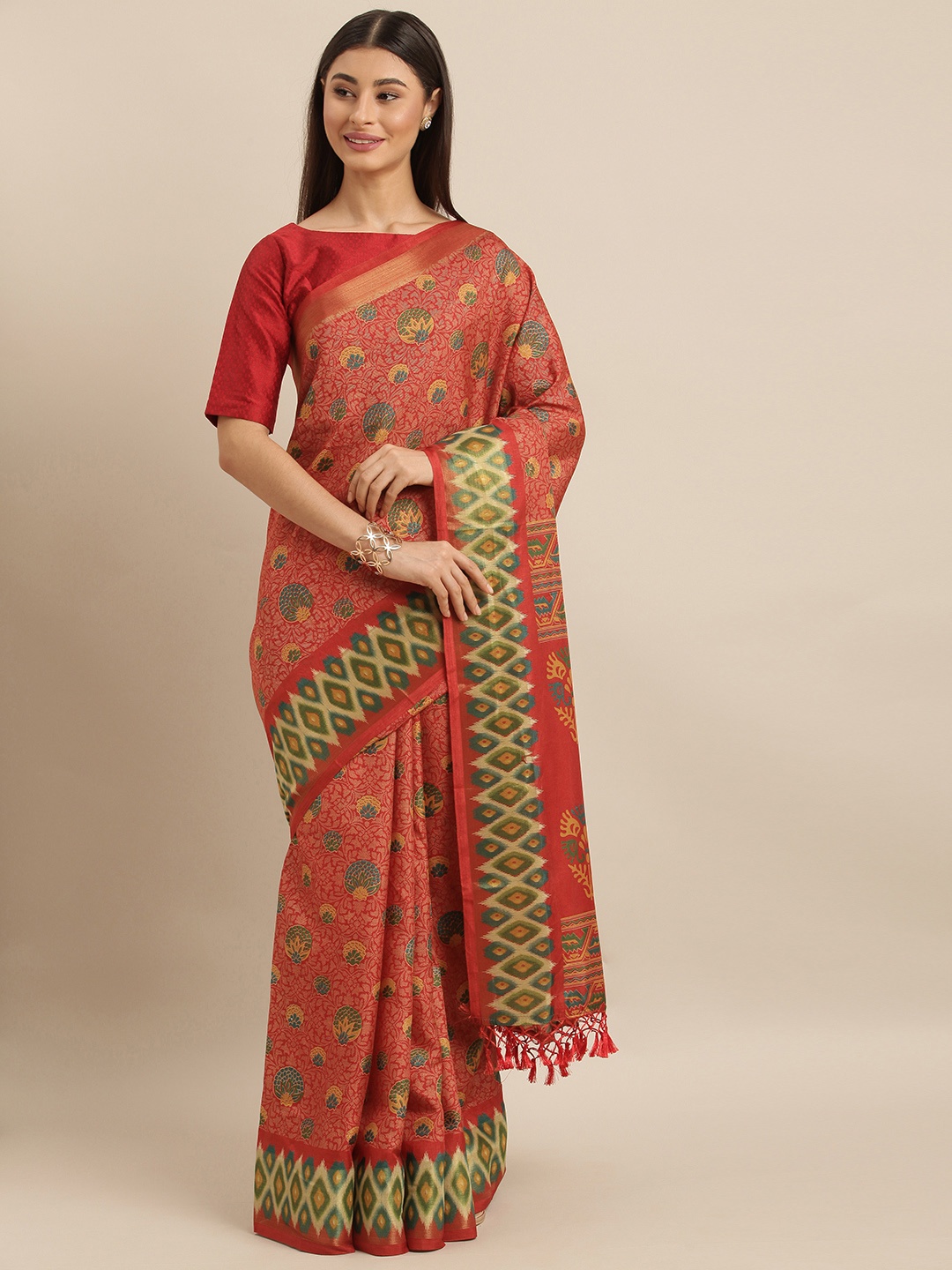 

VASTRANAND Red & Green Linen Blend Printed Pochampally Saree