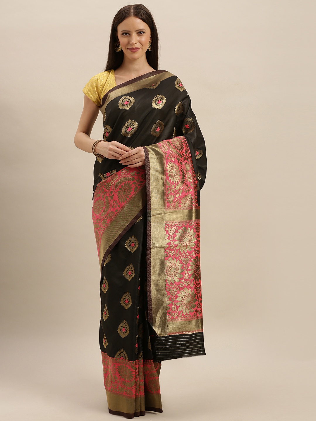 

VASTRANAND Black & Pink Silk Blend Woven Design Banarasi Saree