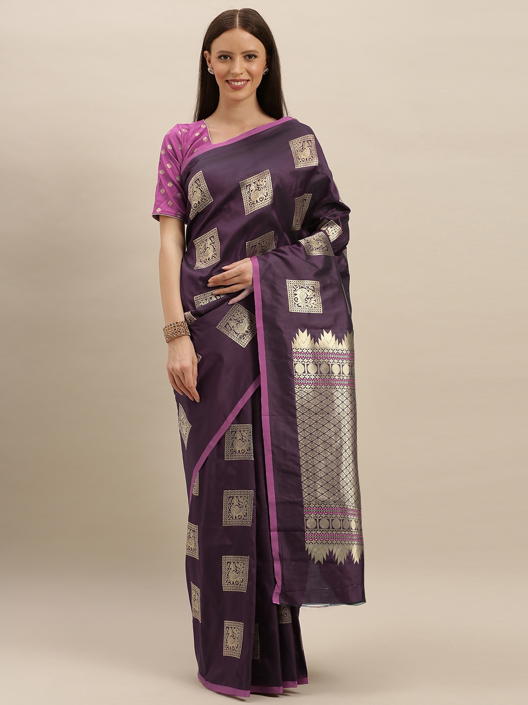 

VASTRANAND Burgundy & Beige Silk Blend Embroidered Kanjeevaram Saree