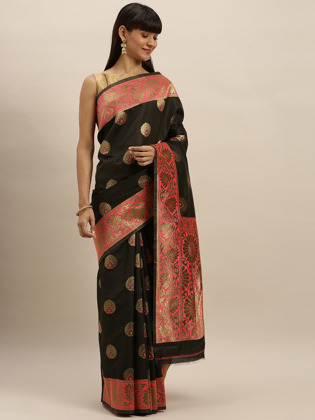 

VASTRANAND Black & Pink Silk Blend Embroidered Banarasi Saree