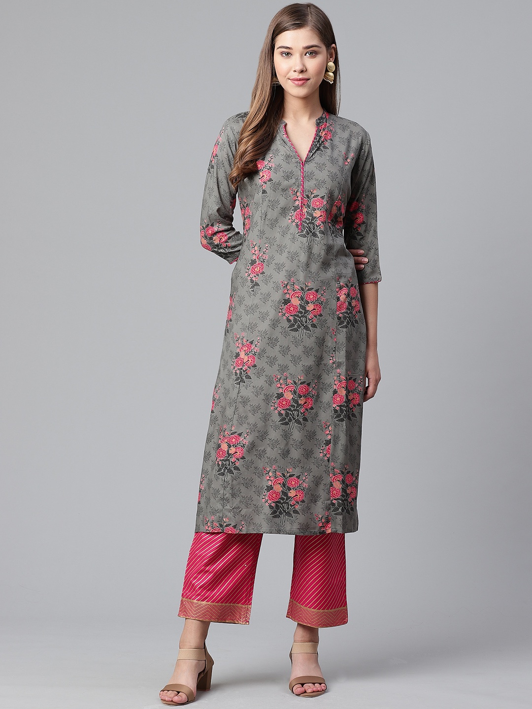 

Anubhutee Women Charcoal Grey & Pink Floral Print Kurta with Trousers