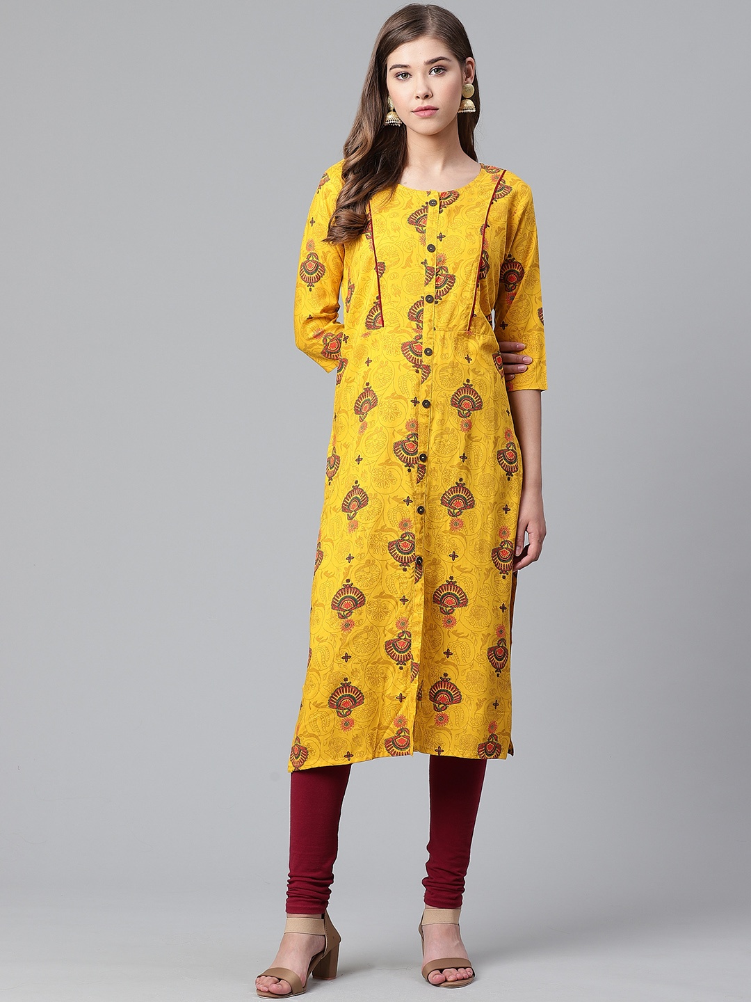 

Anubhutee Women Mustard Yellow & Orange Printed Straight Kurta