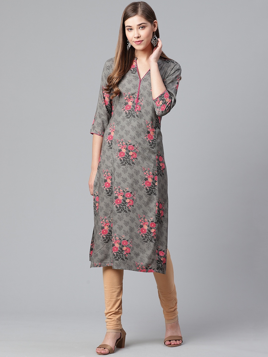

Anubhutee Women Grey & Pink Floral Printed Straight Kurta