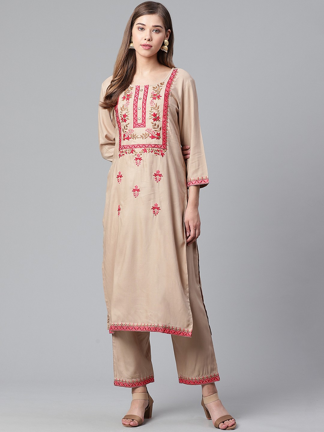 

Anubhutee Women Beige Embroidered Kurta with Palazzos
