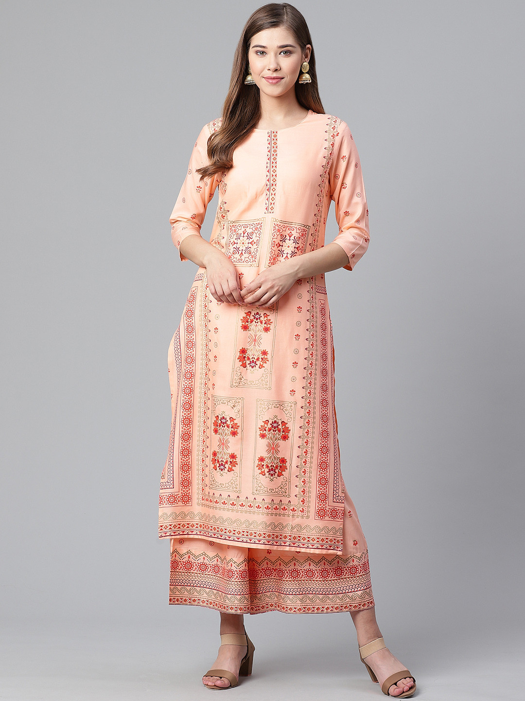

Anubhutee Women Peach-Coloured & Golden Printed Kurta with Palazzos