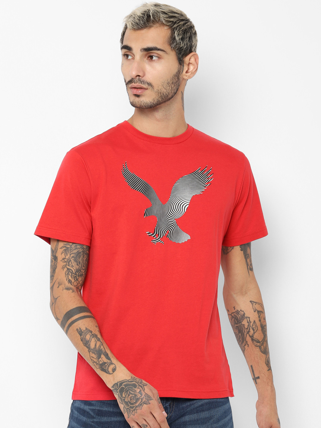 

AMERICAN EAGLE OUTFITTERS Men Red Printed Round Neck Pure Cotton T-shirt