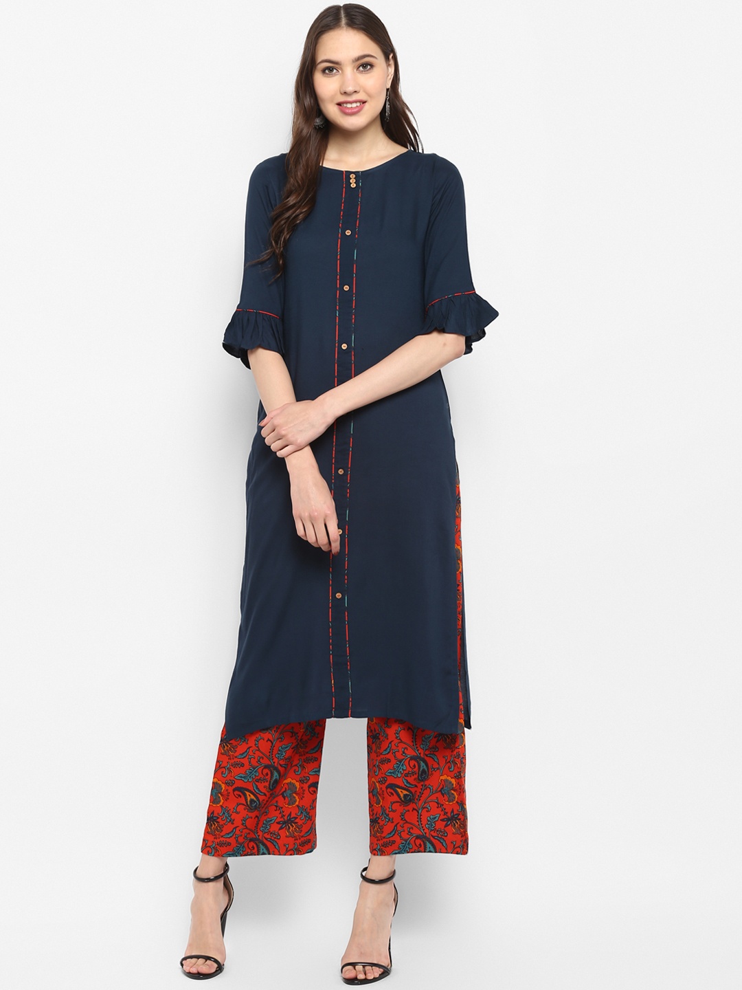 

Janasya Women Navy Blue & Red Solid Kurta with Palazzos