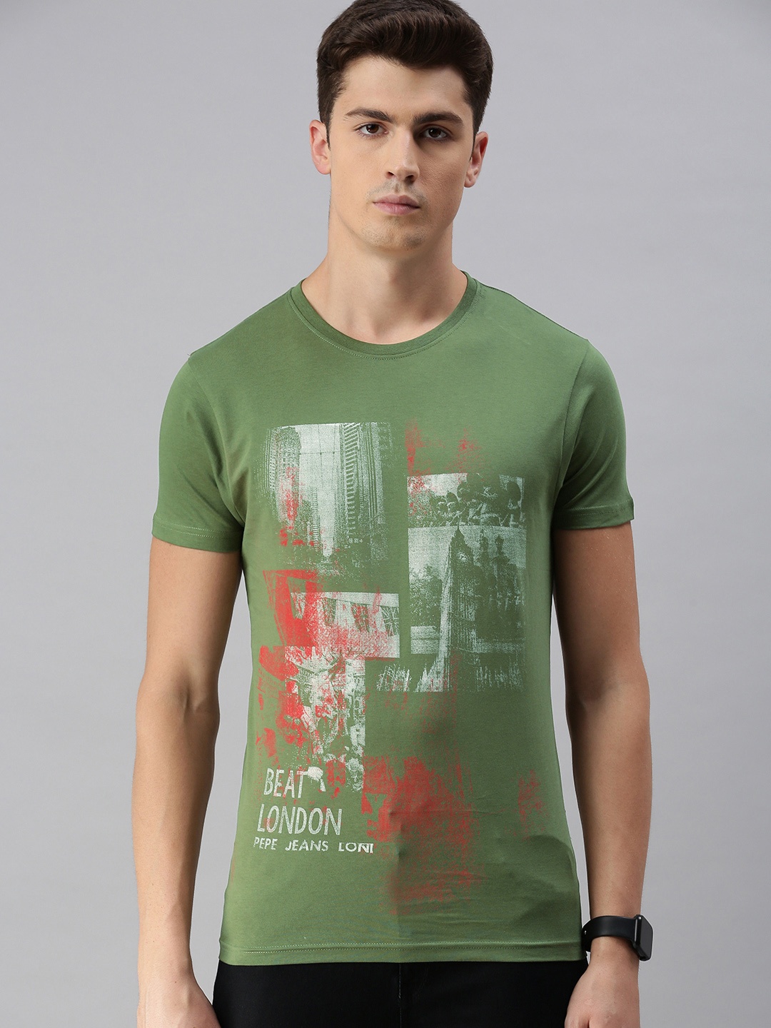 

BEAT LONDON by PEPE JEANS Men Green Printed Slim Fit Round Neck Pure Cotton T-shirt