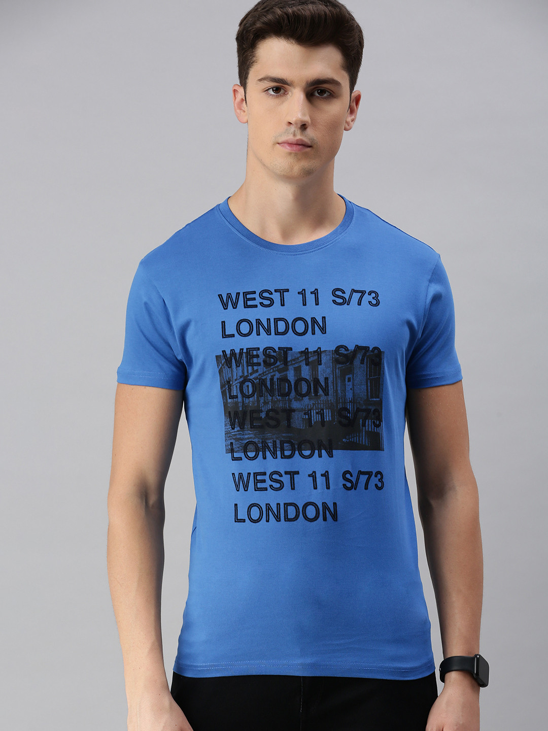 

BEAT LONDON by PEPE JEANS Men Blue Printed Slim Fit Round Neck Pure Cotton T-shirt