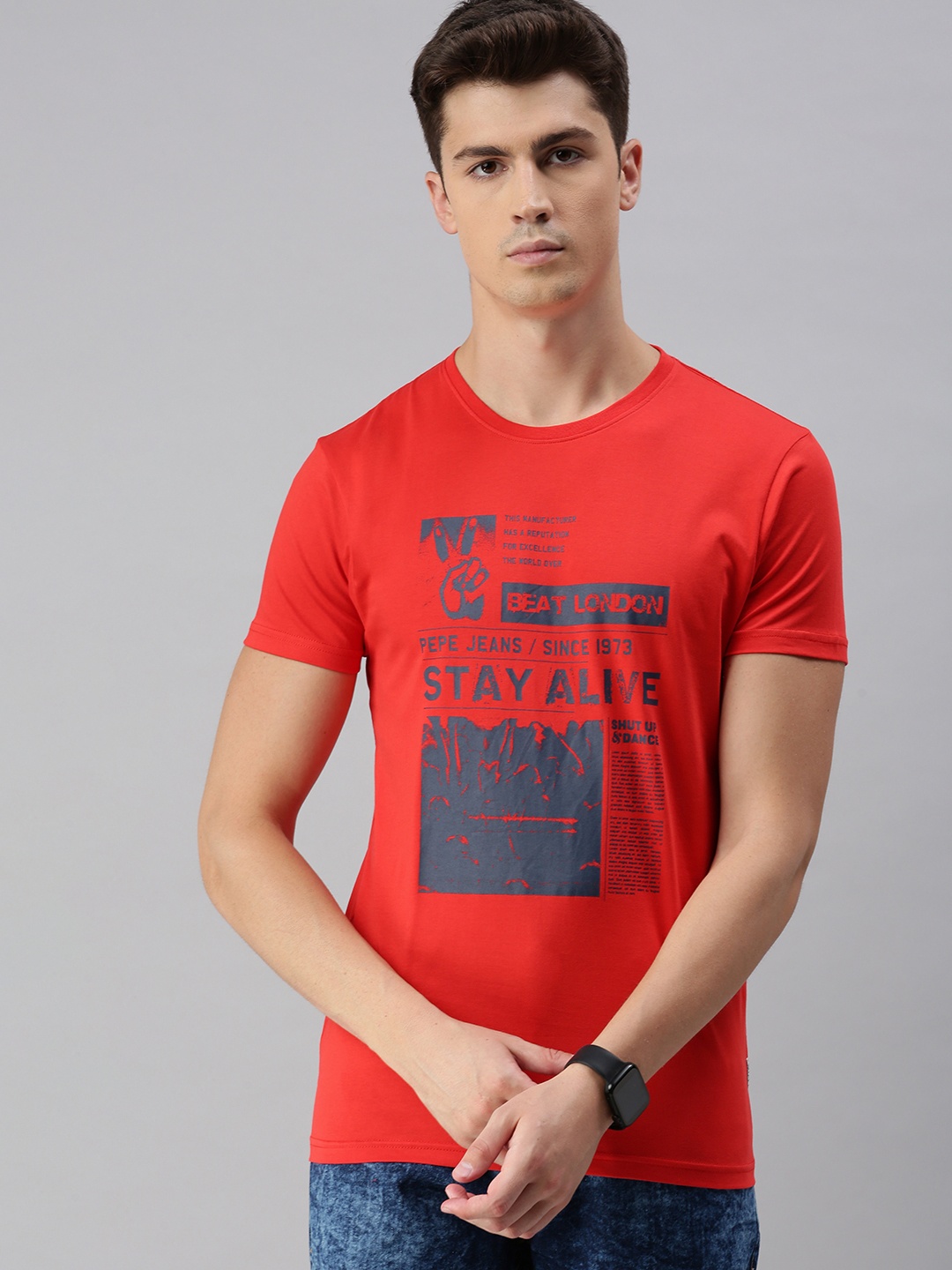 

BEAT LONDON by PEPE JEANS Men Red Printed Slim Fit Round Neck Pure Cotton T-shirt