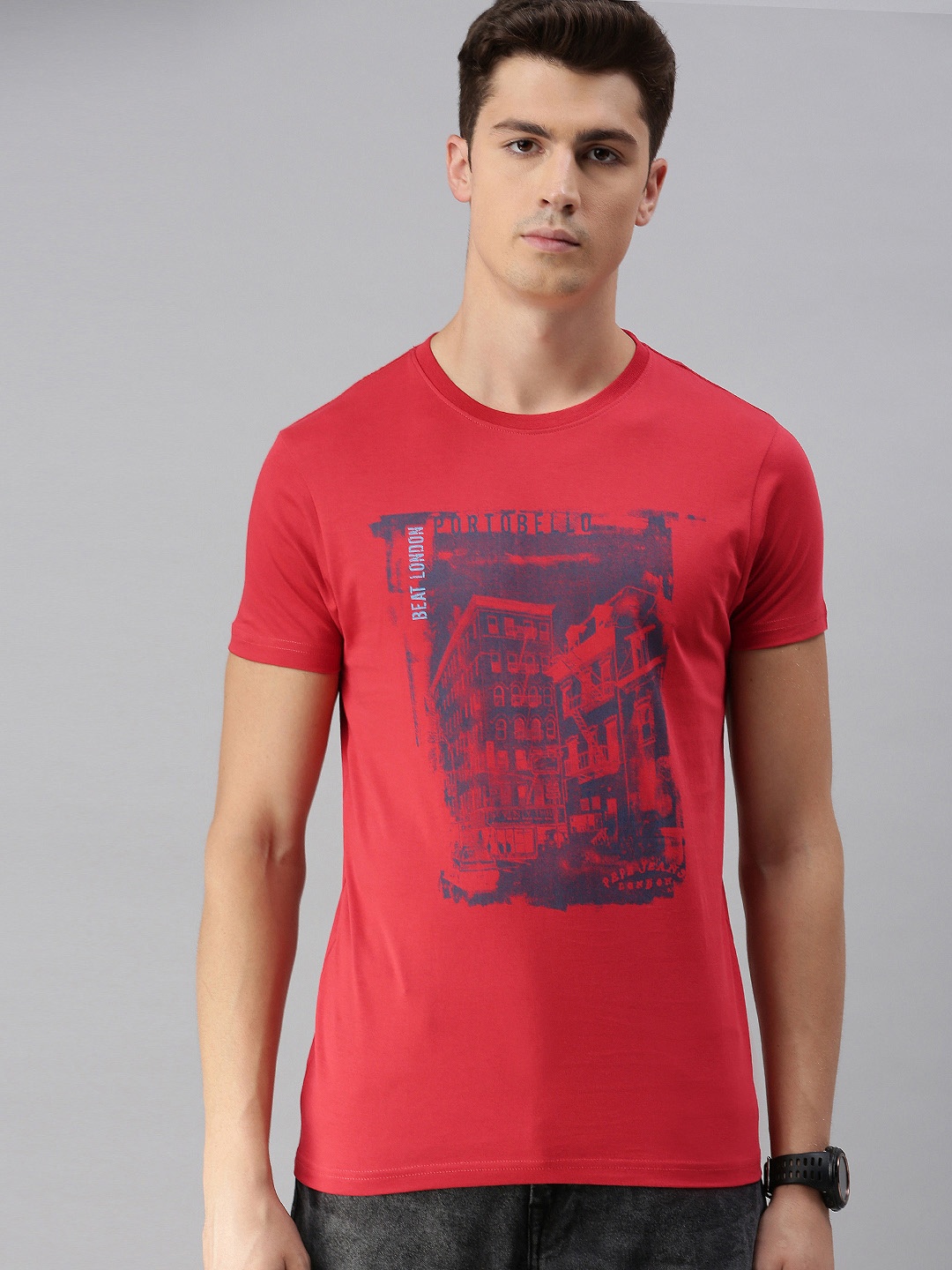 

BEAT LONDON by PEPE JEANS Men Red Printed Slim Fit Round Neck Pure Cotton T-shirt