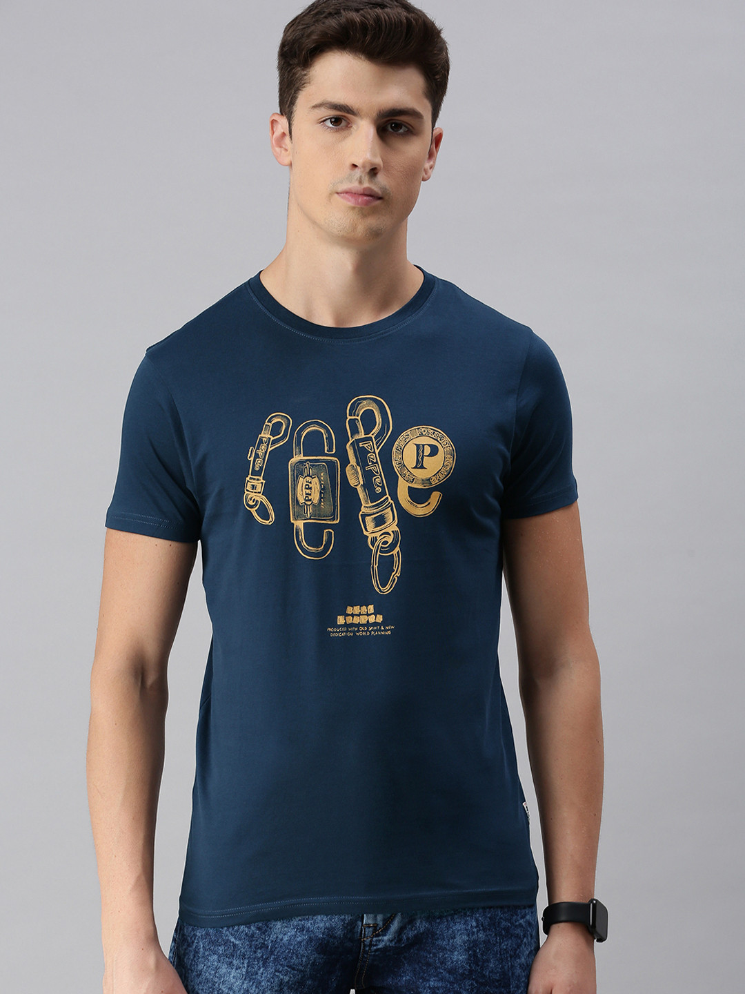 

BEAT LONDON by PEPE JEANS Men Teal Blue Printed Slim Fit Round Neck Pure Cotton T-shirt