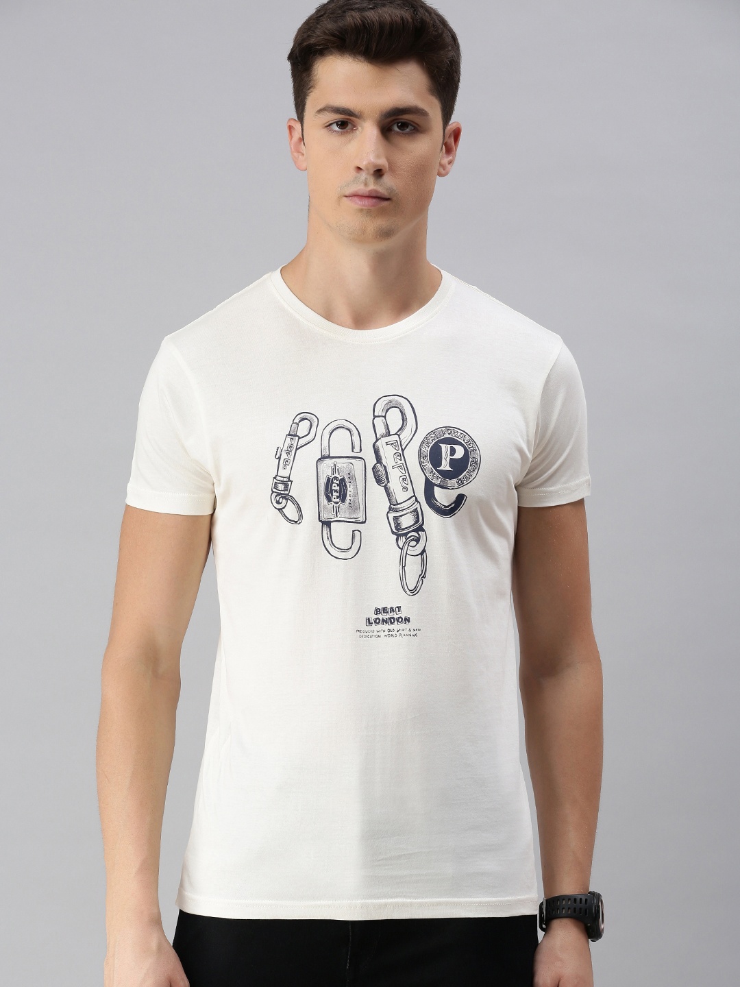 

BEAT LONDON by PEPE JEANS Men White Printed Slim Fit Round Neck Pure Cotton T-shirt