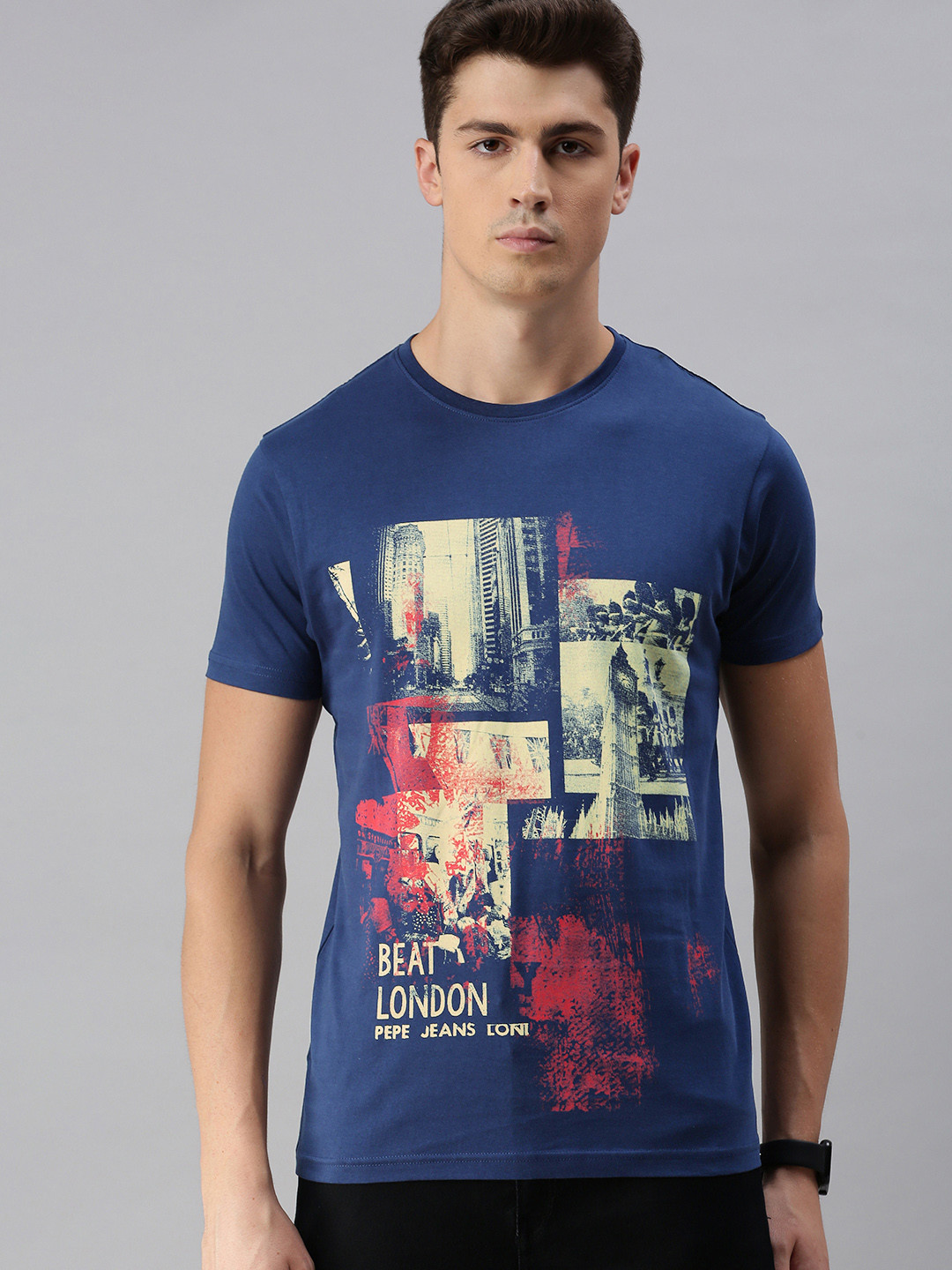 

BEAT LONDON by PEPE JEANS Men Navy Blue Printed Slim Fit Round Neck Pure Cotton T-shirt