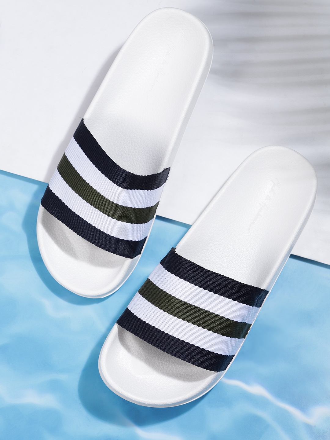 

Mast & Harbour Men White & Navy Blue Striped Sliders