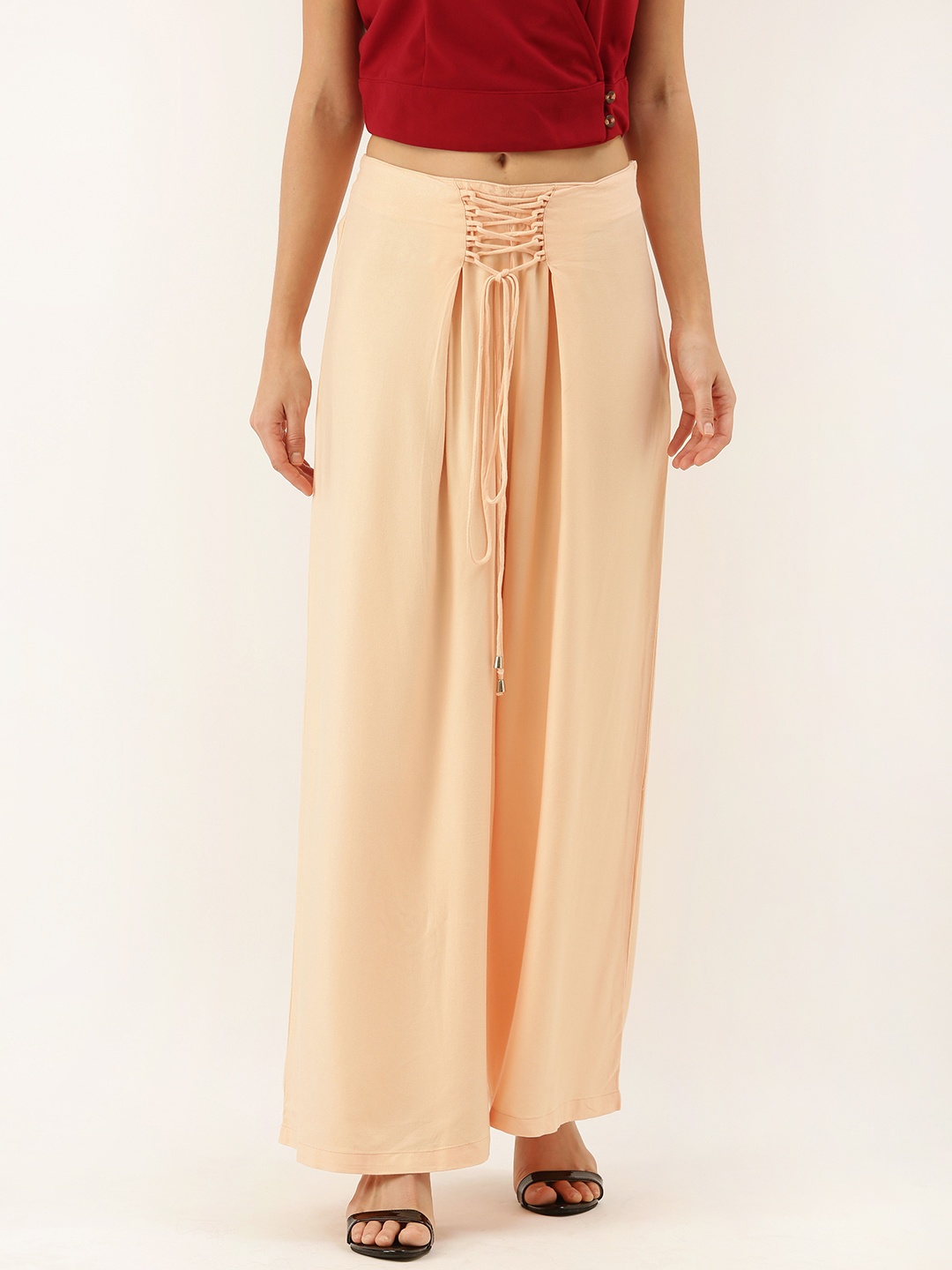 

Moda Rapido Women Peach-Coloured Regular Fit Solid Parallel Trousers with Tie-Ups