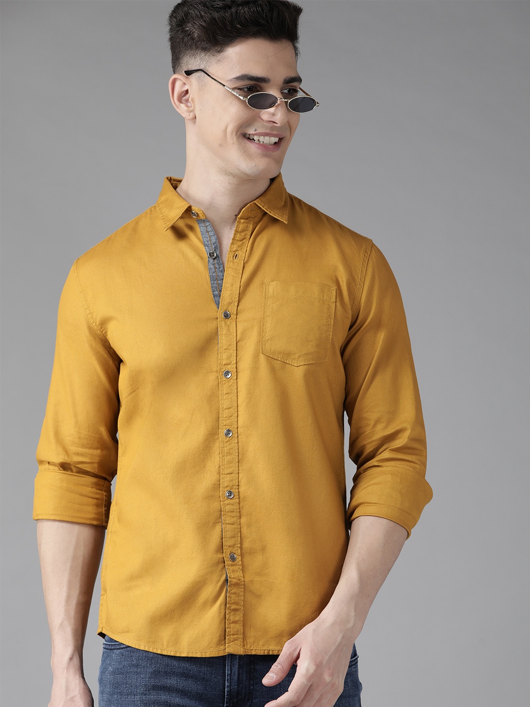 

BEAT LONDON by PEPE JEANS Men Mustard Yellow Pure Cotton Slim Fit Casual Shirt