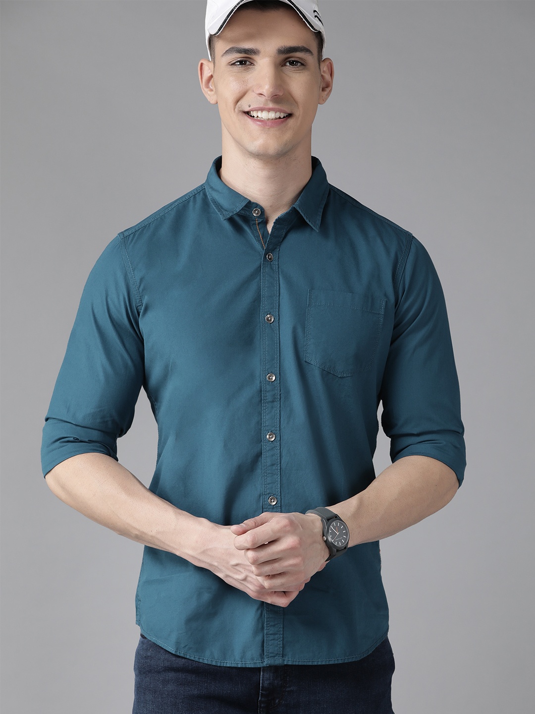 

BEAT LONDON by PEPE JEANS Men Teal Blue Pure Cotton Slim Fit Casual Shirt