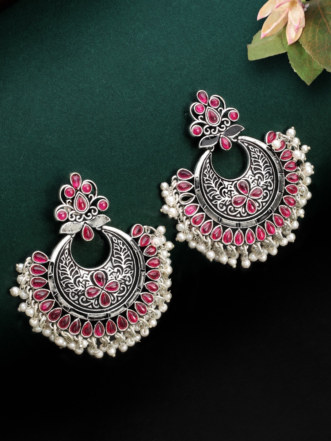 

Rubans Silver-Plated & Pink Oxidised Handcrafted Classic Chandbalis