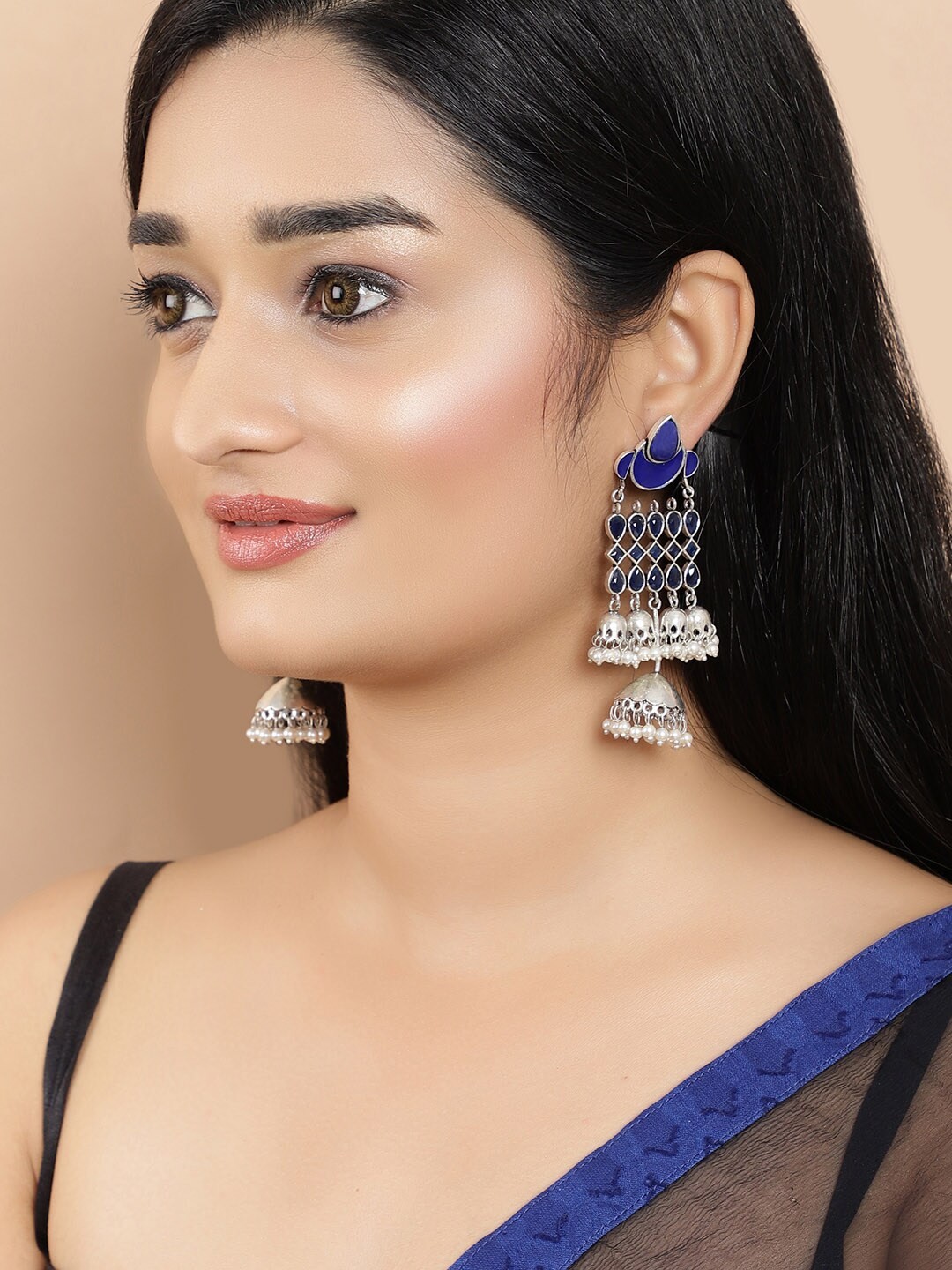 

Rubans Silver-Plated Blue Handcrafted Dome Shaped Jhumkas