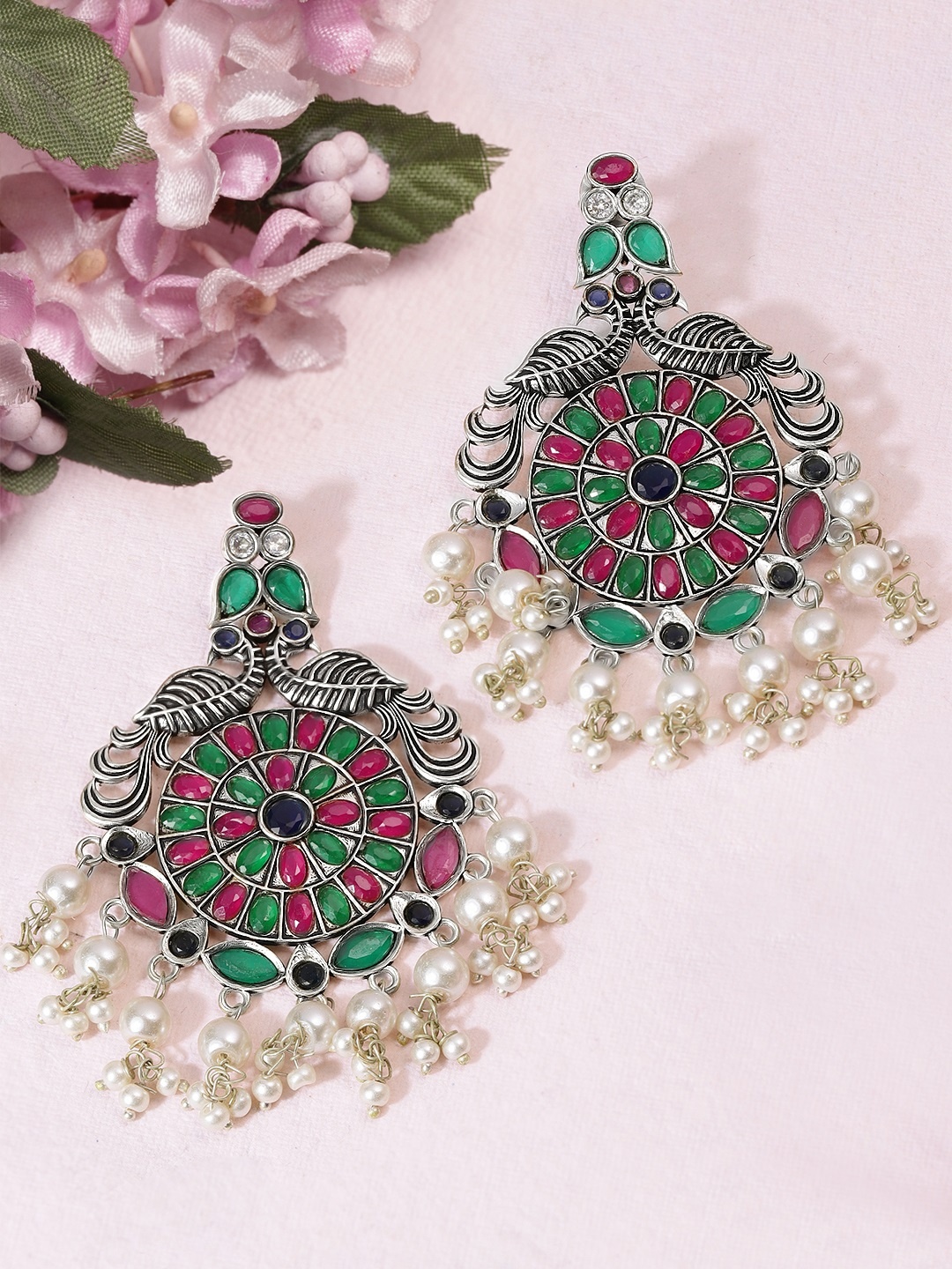 

Rubans Silver-Plated Green & Pink Handcrafted Peacock Shaped Drop Earrings