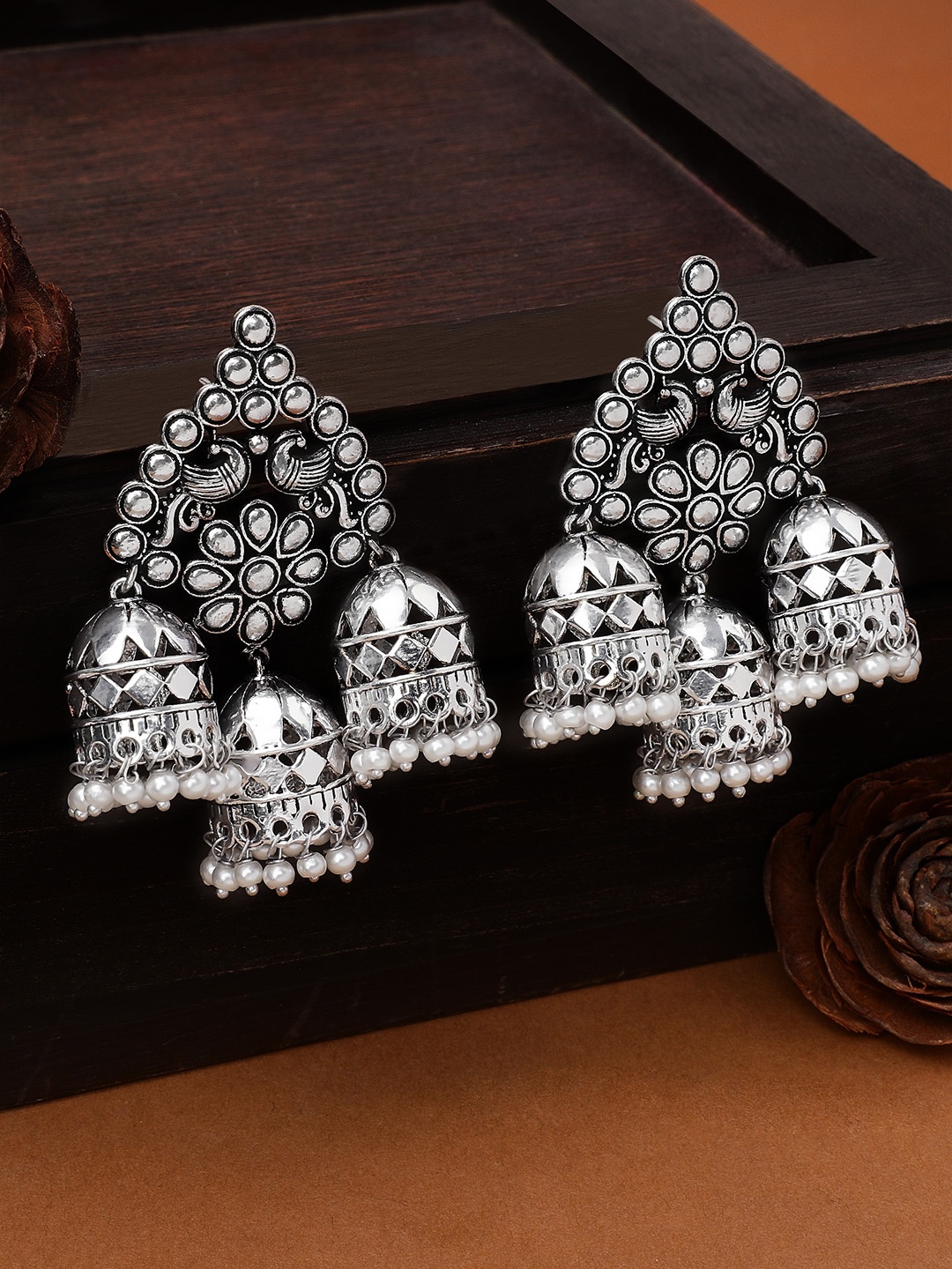 

Rubans Silver-Plated Handcrafted Dome Shaped Jhumkas