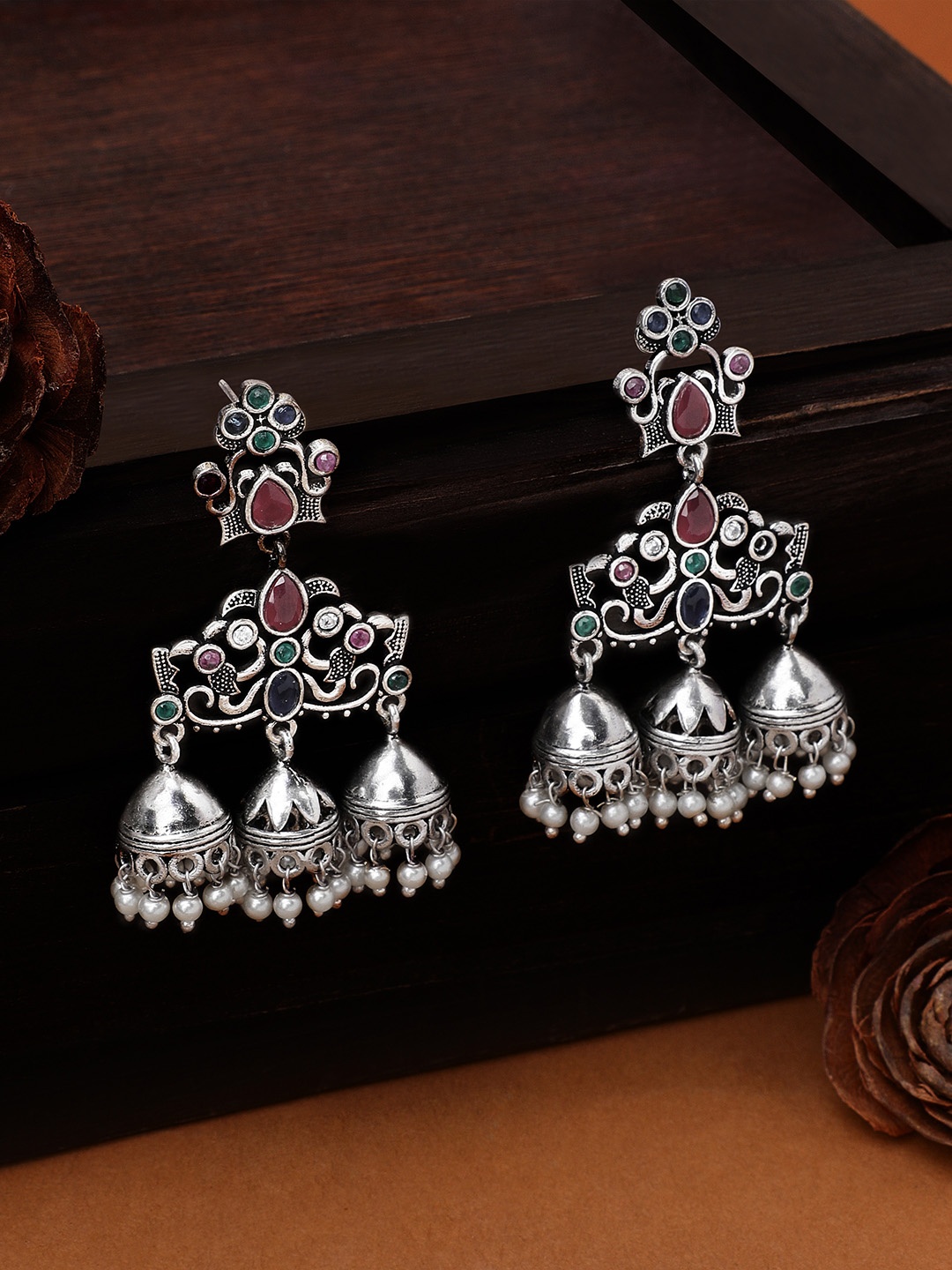 

Rubans Silver-Plated Pink Handcrafted Dome Shaped Jhumkas