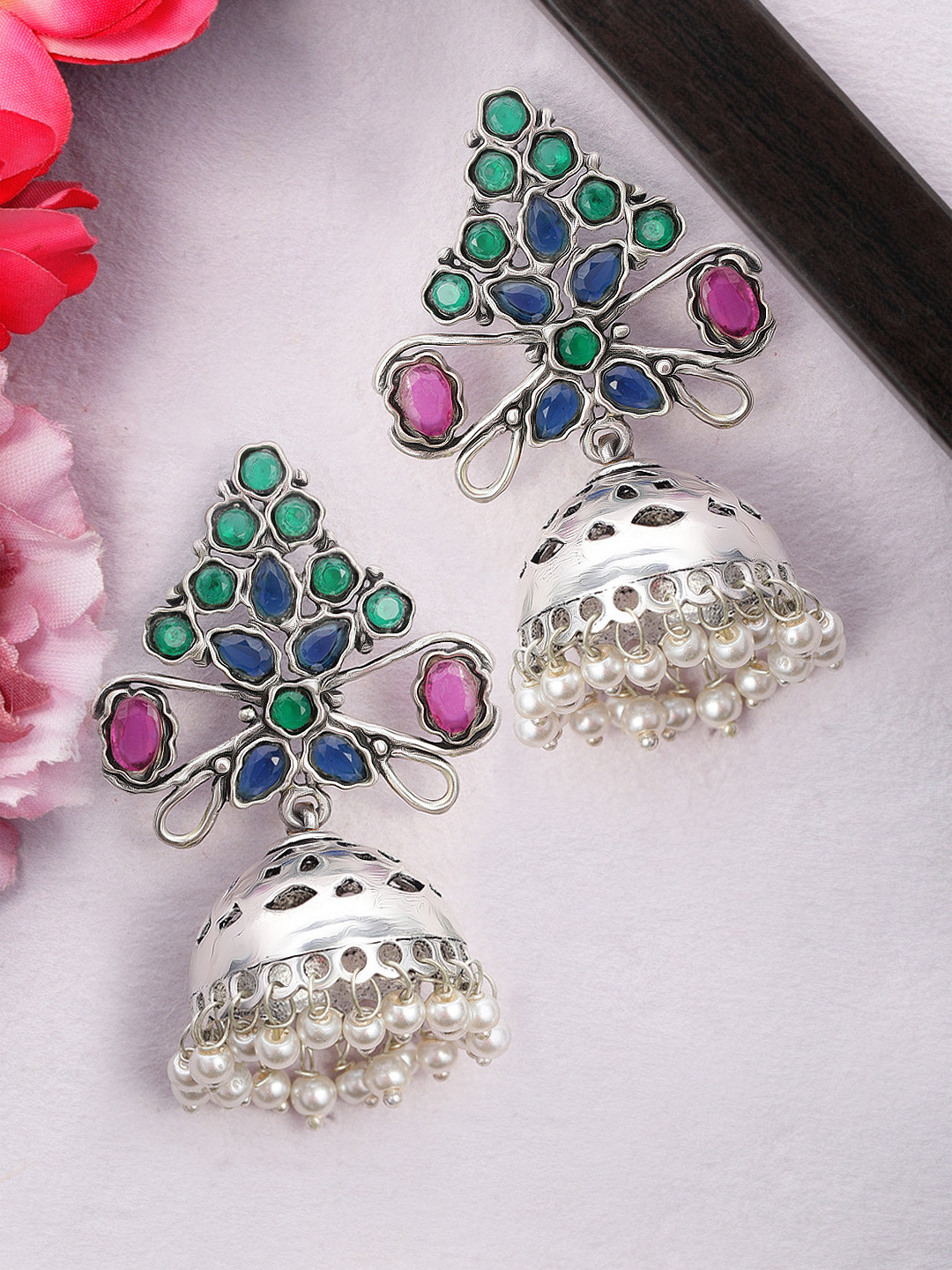 

Rubans Silver-Plated Green & Blue Handcrafted Dome Shaped Jhumkas