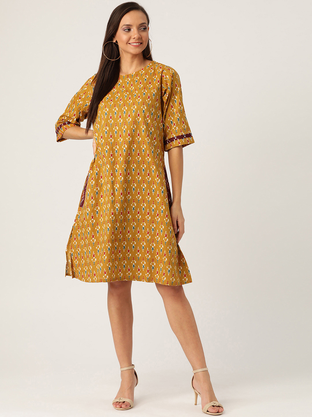 

InWeave Women Mustard Brown & Red Printed A-Line Dress