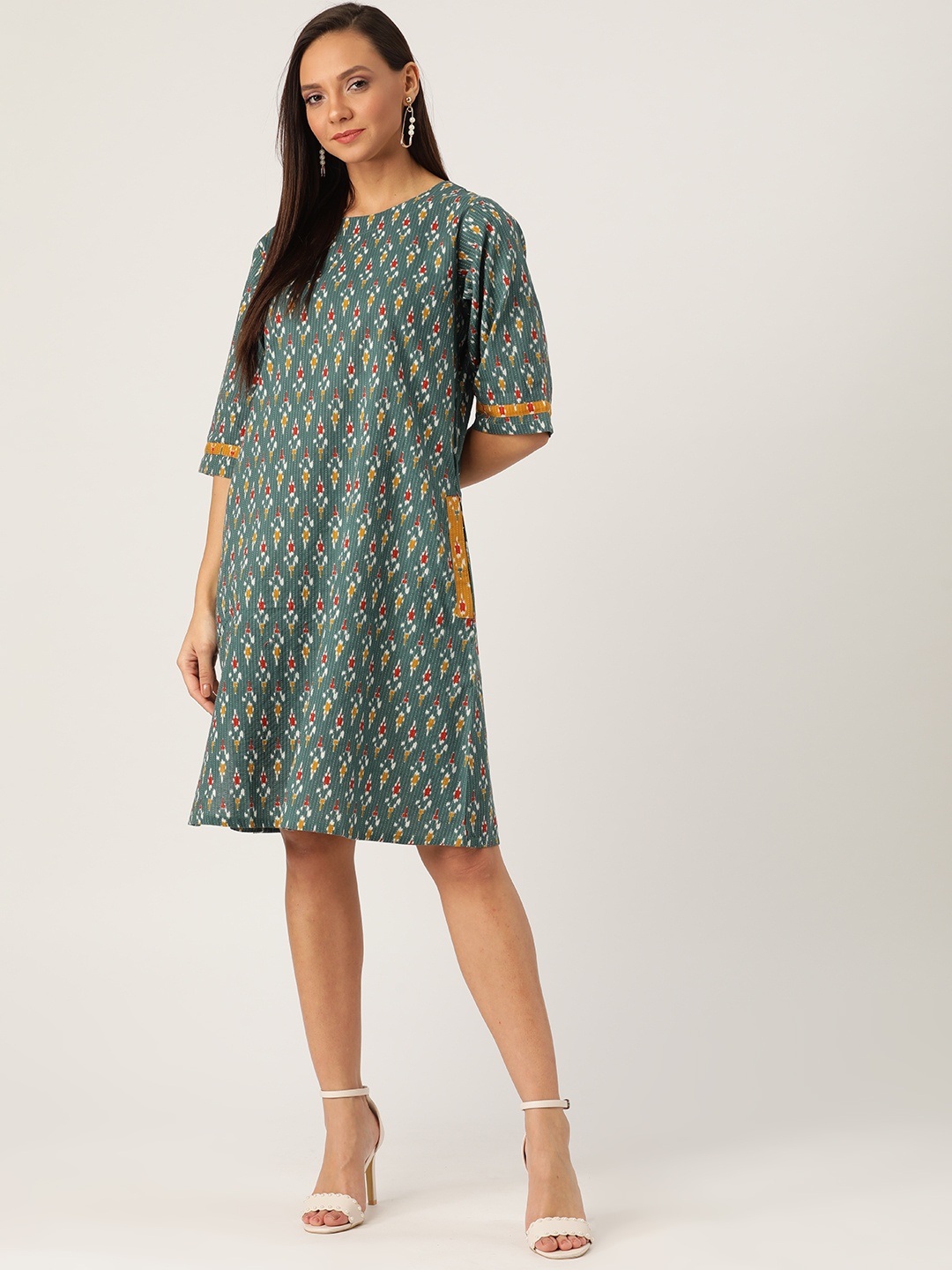 

InWeave Women Teal Green & White Kantha Ikkat Printed A-Line Dress